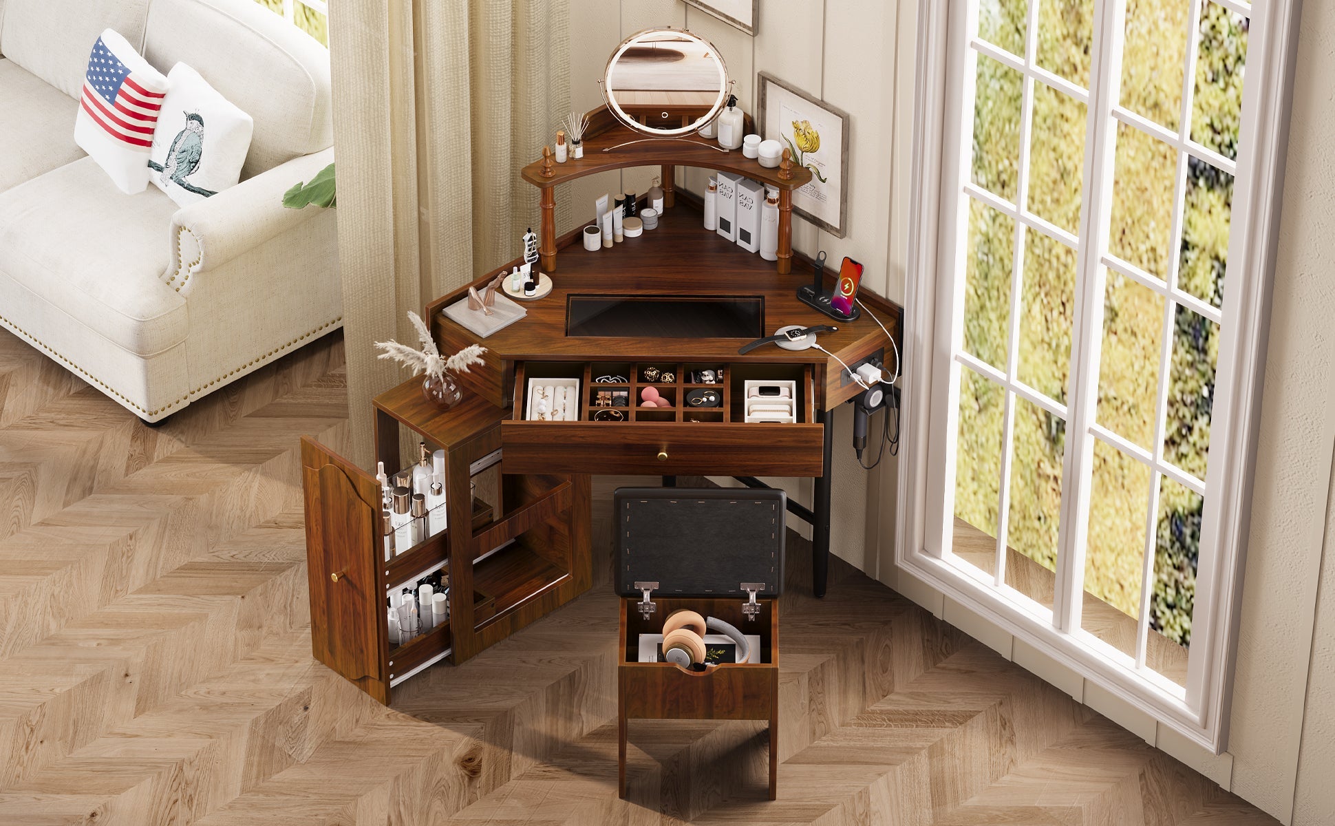 Corner Vanity Desk Set with Storage Cushioned Stool and Charging Station, Triangle Makeup Desk with Removable Pull-Out Side Cabinet, Glass Tabletop Makeup Vanity Desk with Drawer and Shelf, Walnut