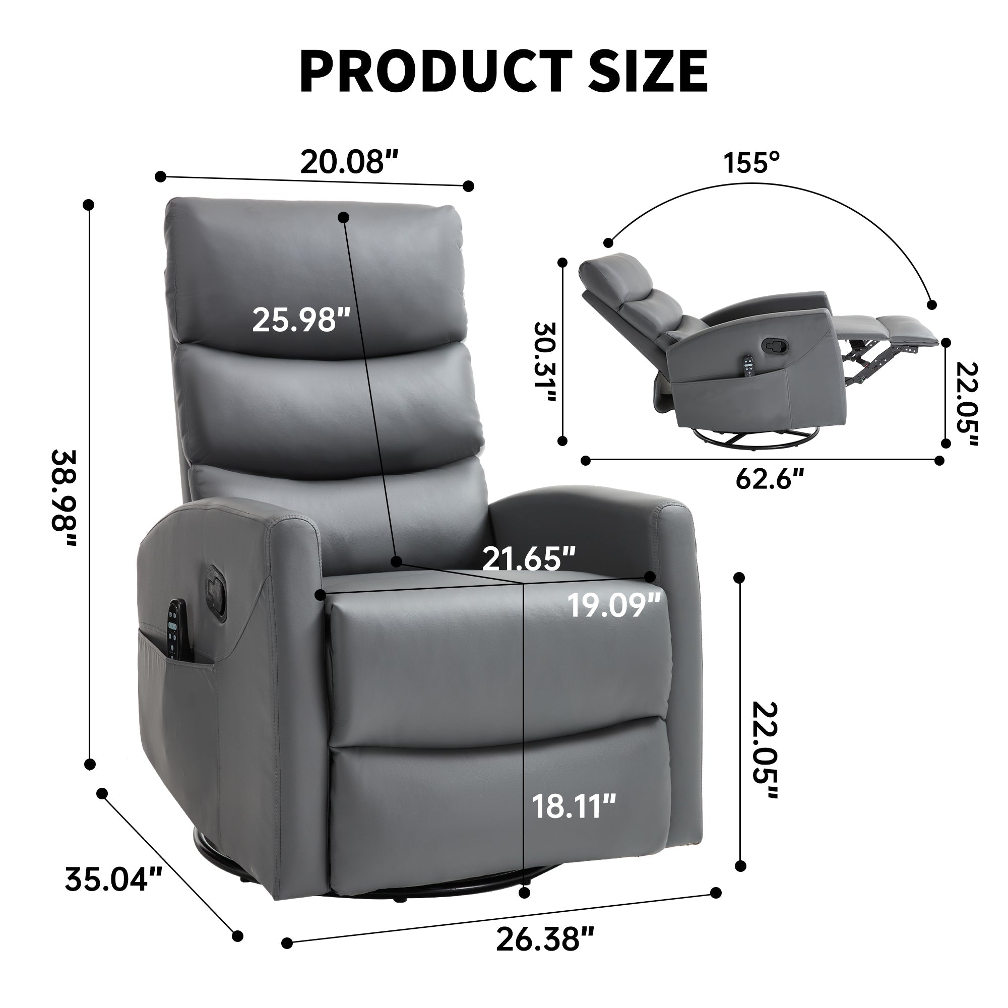 Heat Massage Manual Recliner Chair with Rocker and Swivel in Fabric for Living Room, Grey