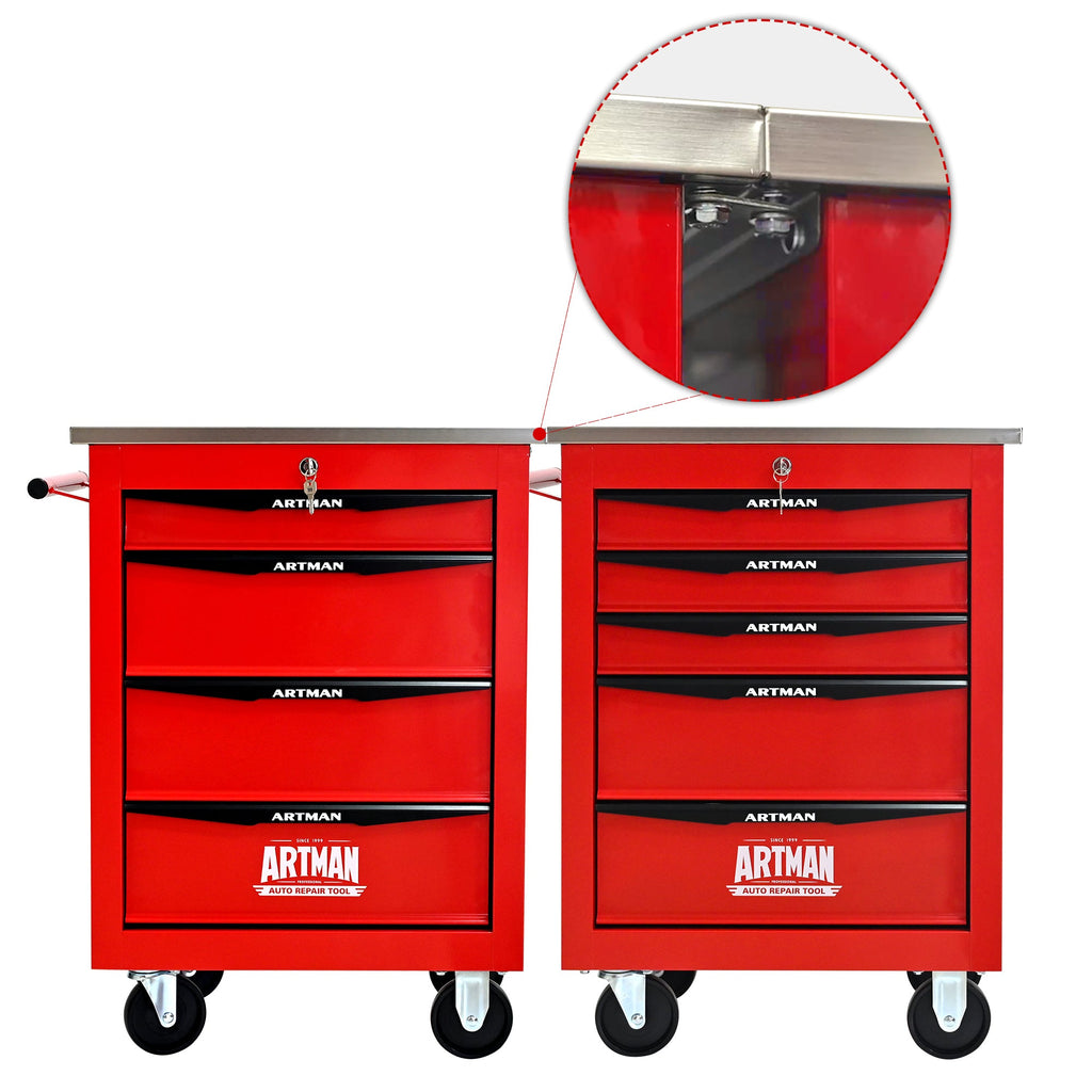 4 Drawers Multifunctional Tool Cart with Wheels,Metal Rolling Tool Cart Storage for Garage Workshop Warehouse Repair Shop--With  Stainless Steel Roof- Red&Black