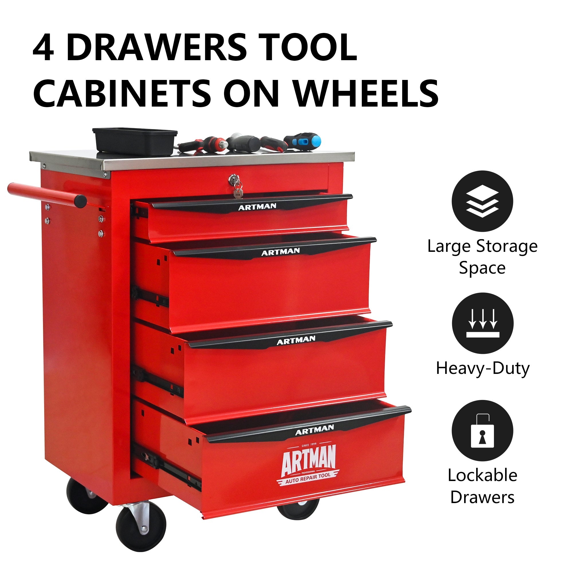 4 Drawers Multifunctional Tool Cart with Wheels,Metal Rolling Tool Cart Storage for Garage Workshop Warehouse Repair Shop--With  Stainless Steel Roof- Red&Black