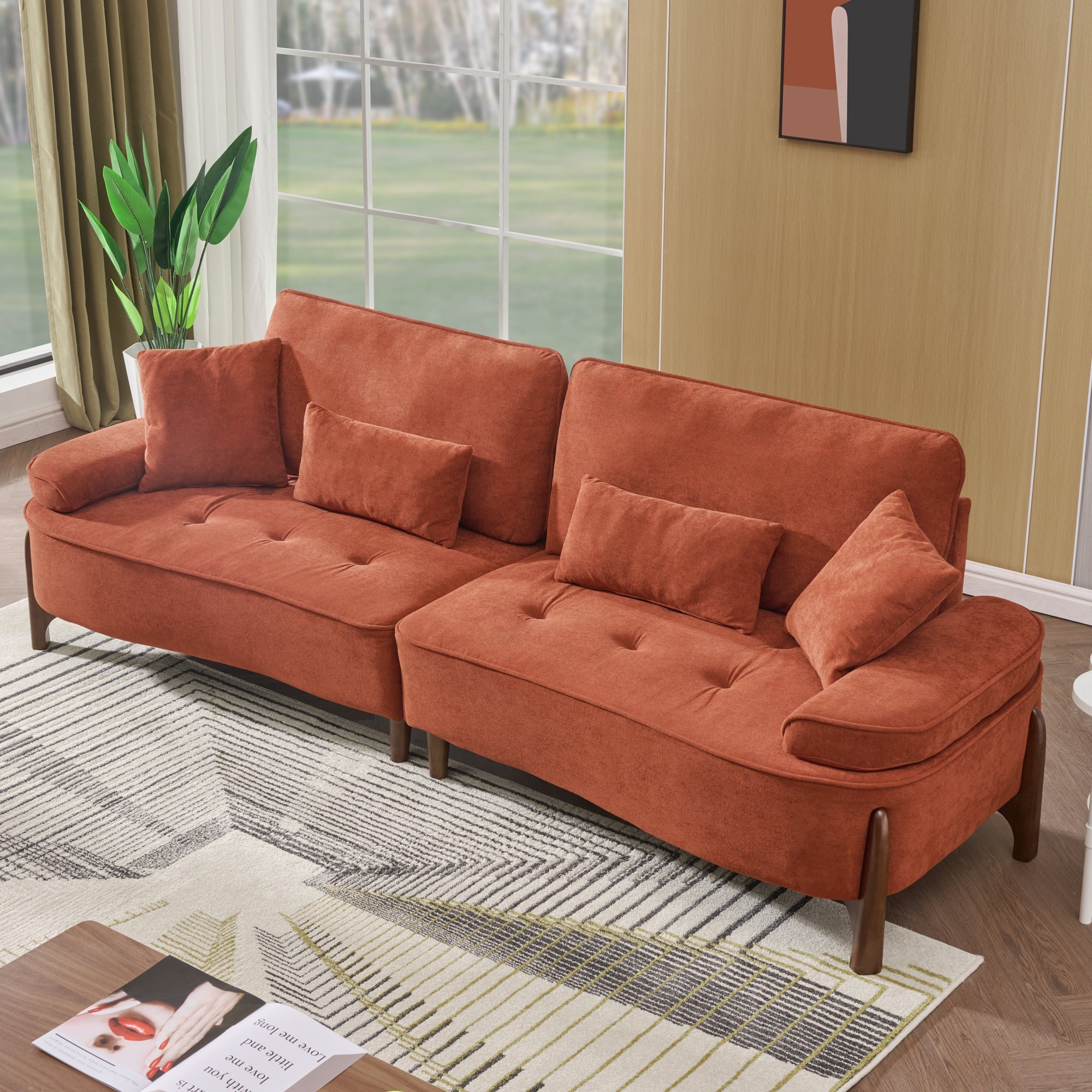 Comfortable Deep Seated Sofa with Pillows for Bedroom, Living Room, Office in Brick Red Velvet