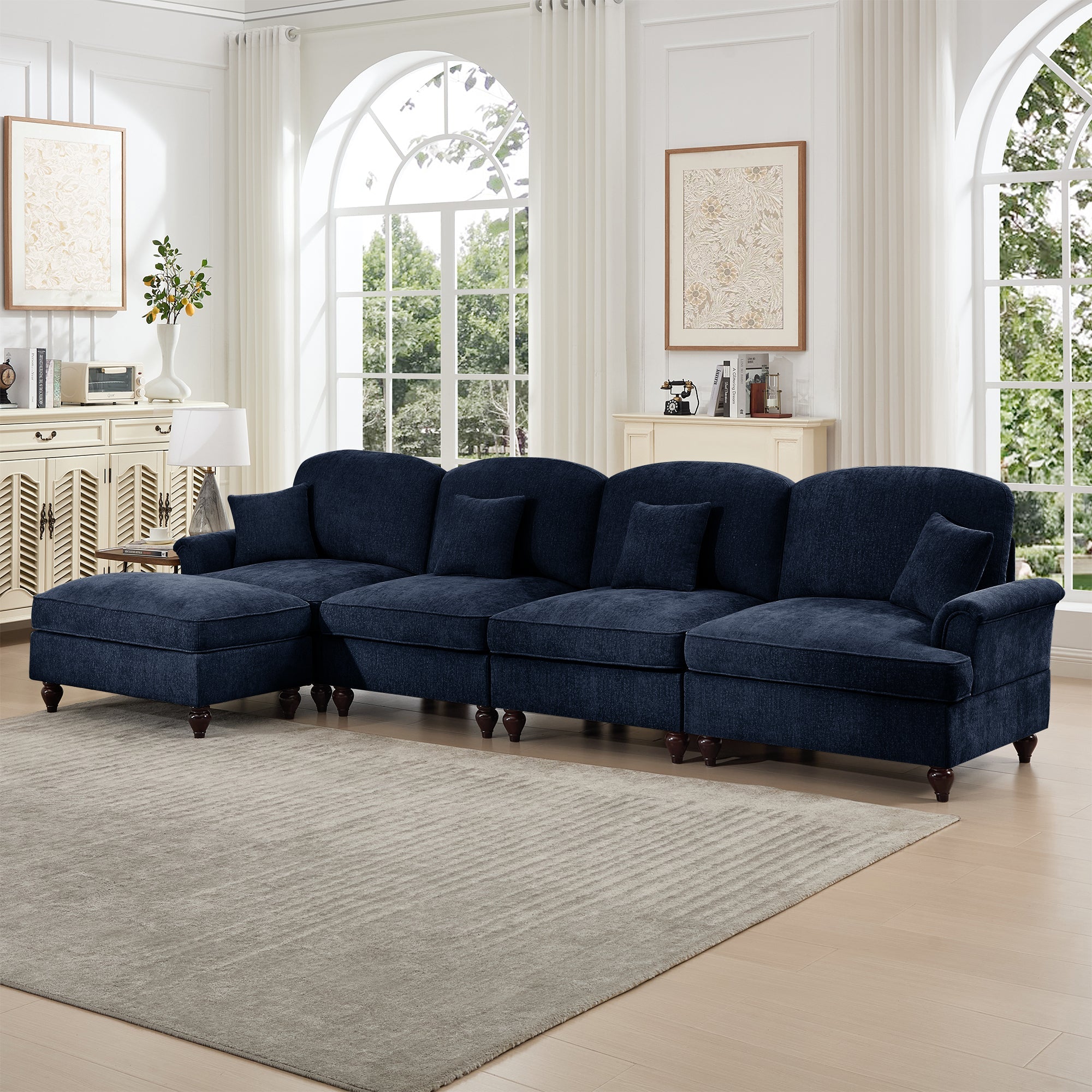 Classic Three Seater Modular L Shaped Sectional Couch with Flared Arms and Removable Ruffles Pleats Skirts and Spindle Legs, Comfy Chenille Four-Seat Deep Seat Sofa with Movable Ottoman, Blue
