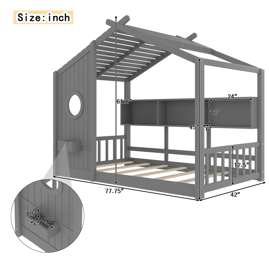 Twin Size Floor House Bed for Toddler, Kids Montessori Bed  with Storage Shelf, Playhouse Bed with Roof Design, Gray
