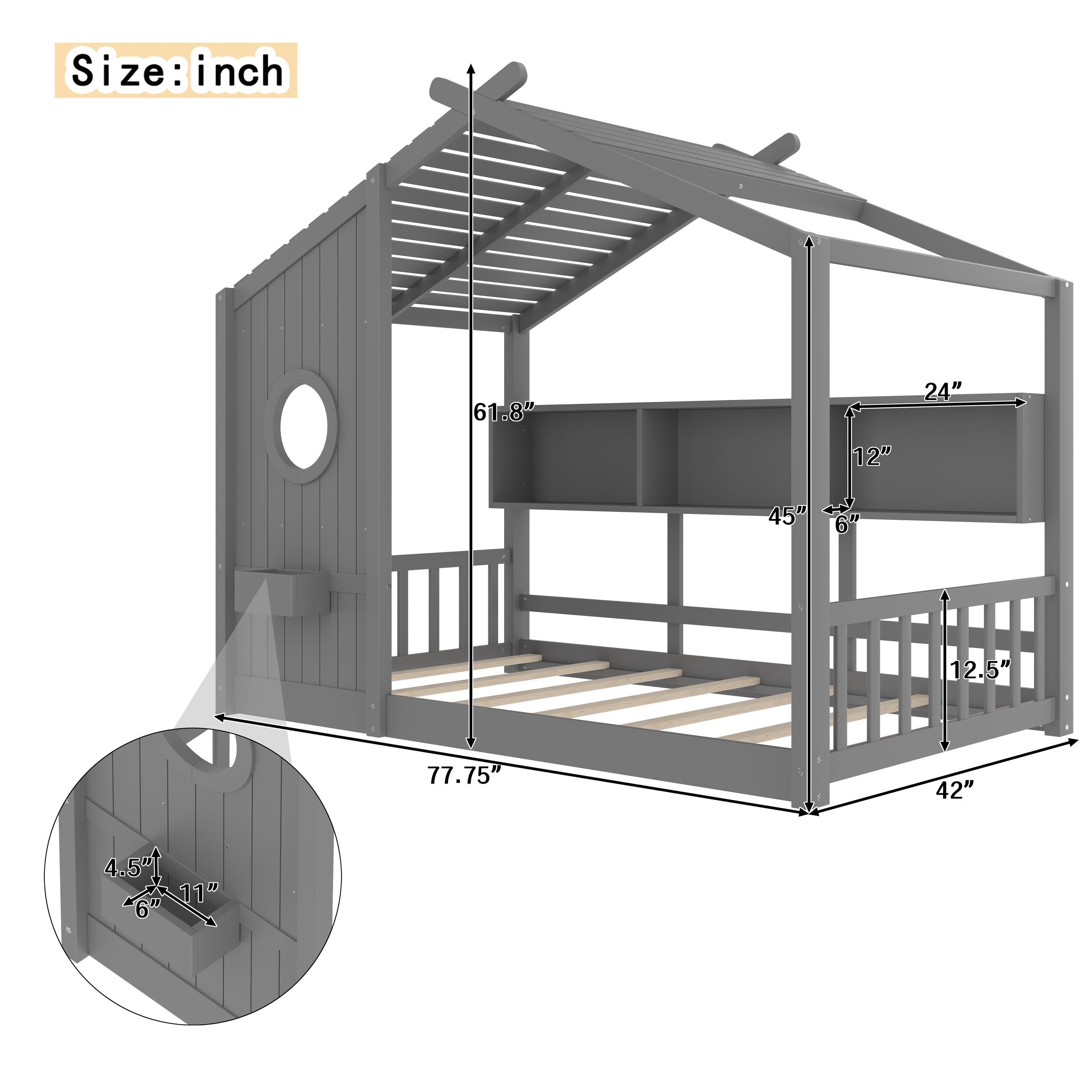 Twin Size Floor House Bed for Toddler, Kids Montessori Bed  with Storage Shelf, Playhouse Bed with Roof Design, Gray