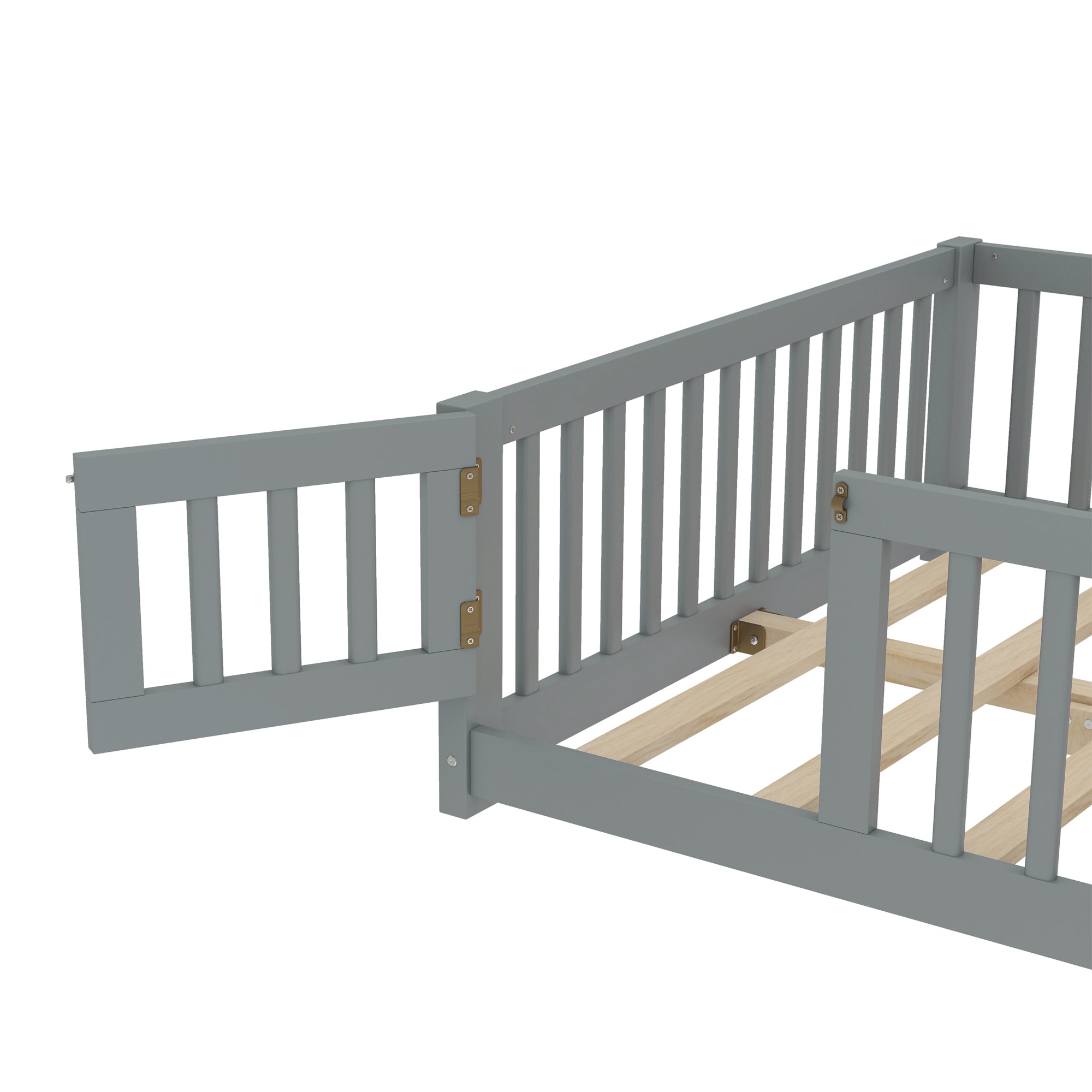 Full Size Bed Floor Bed with Safety Guardrails and Door for Kids, Gray(Old SKU: W1580P154626)