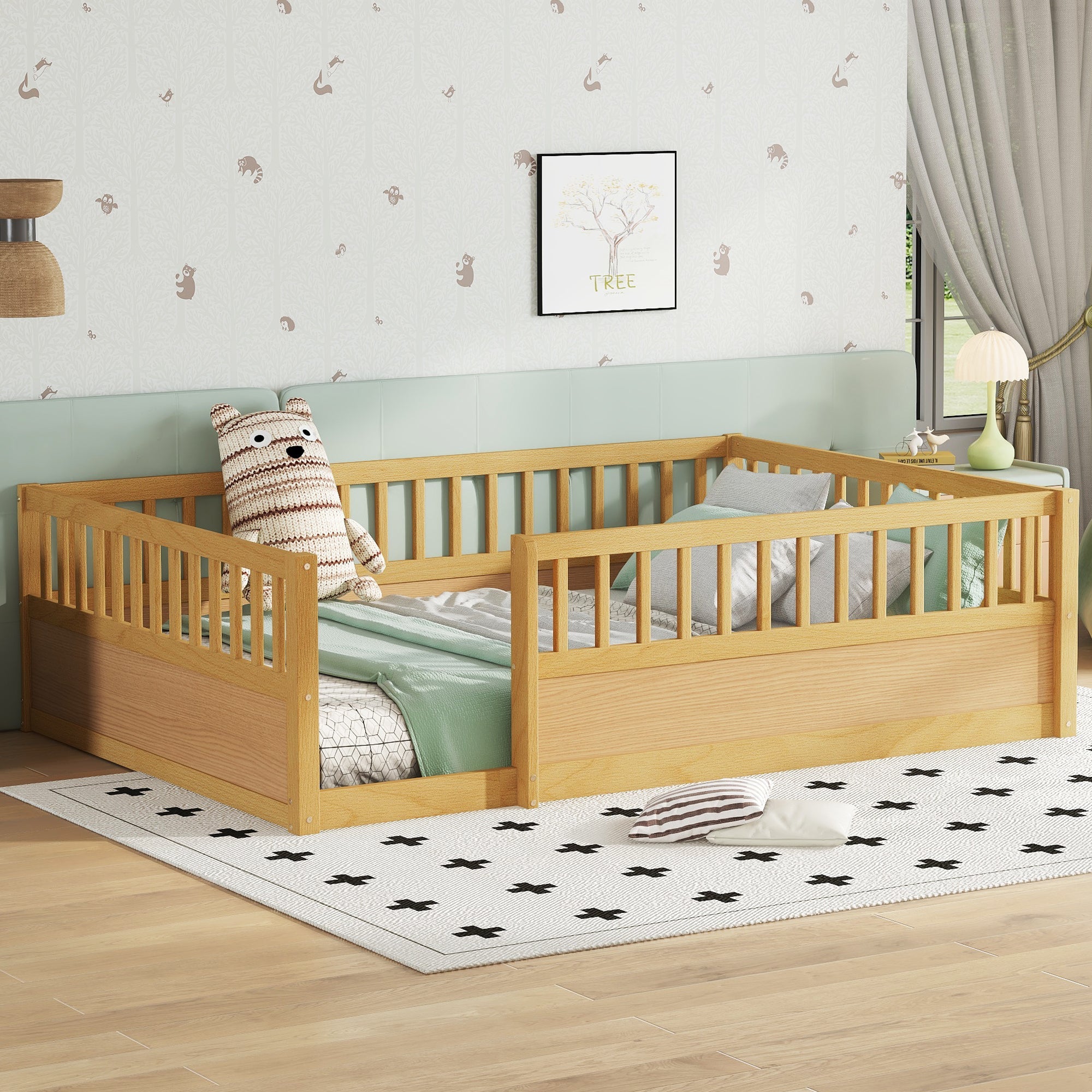 Full Floor Bed Frame with Fence, Montessori wooden children's floor bed,Wood Kids Floor Beds Frame for Bedroom Playroom,Natural