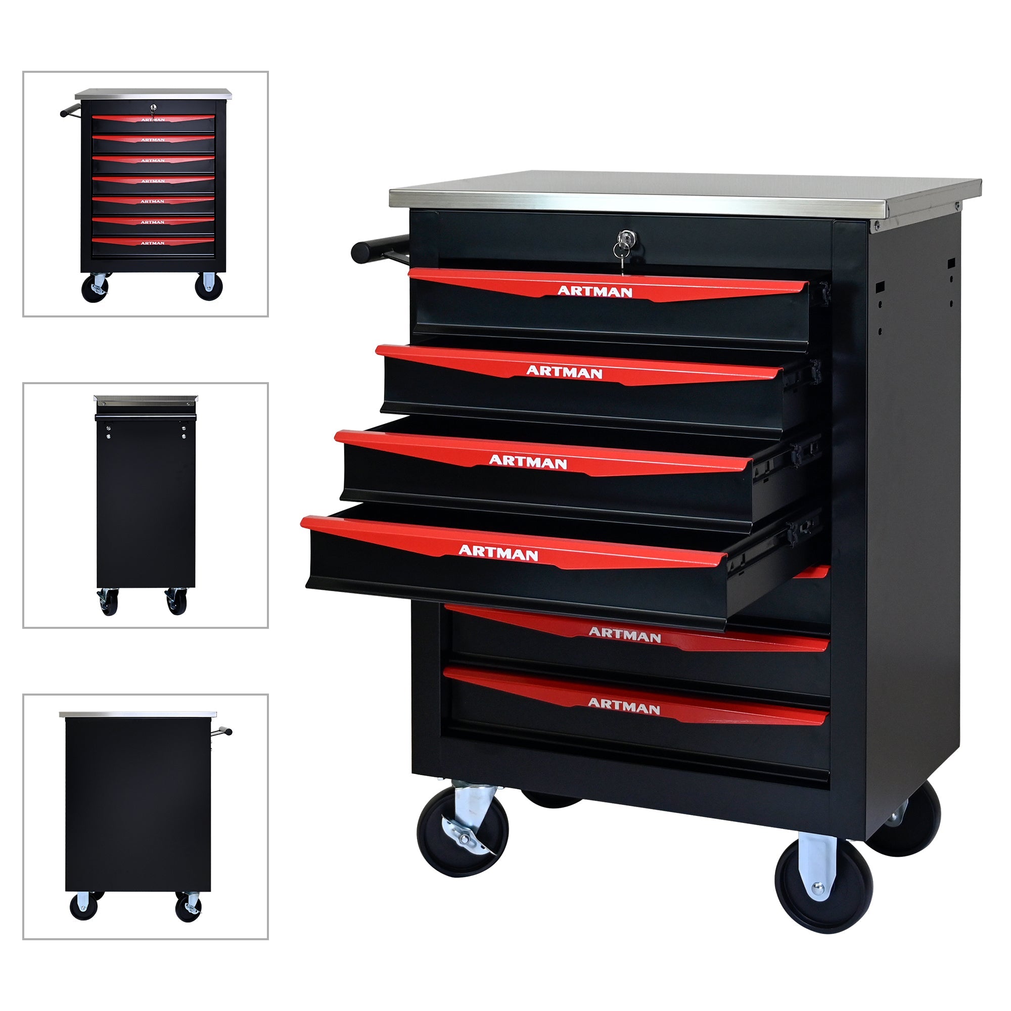 7-Drawer Multifunctional Tool Cart with Wheels, Metal Rolling Tool Cart Storage for Garage Workshop Warehouse Repair Shop - with Stainless Steel Roof - Black & Red