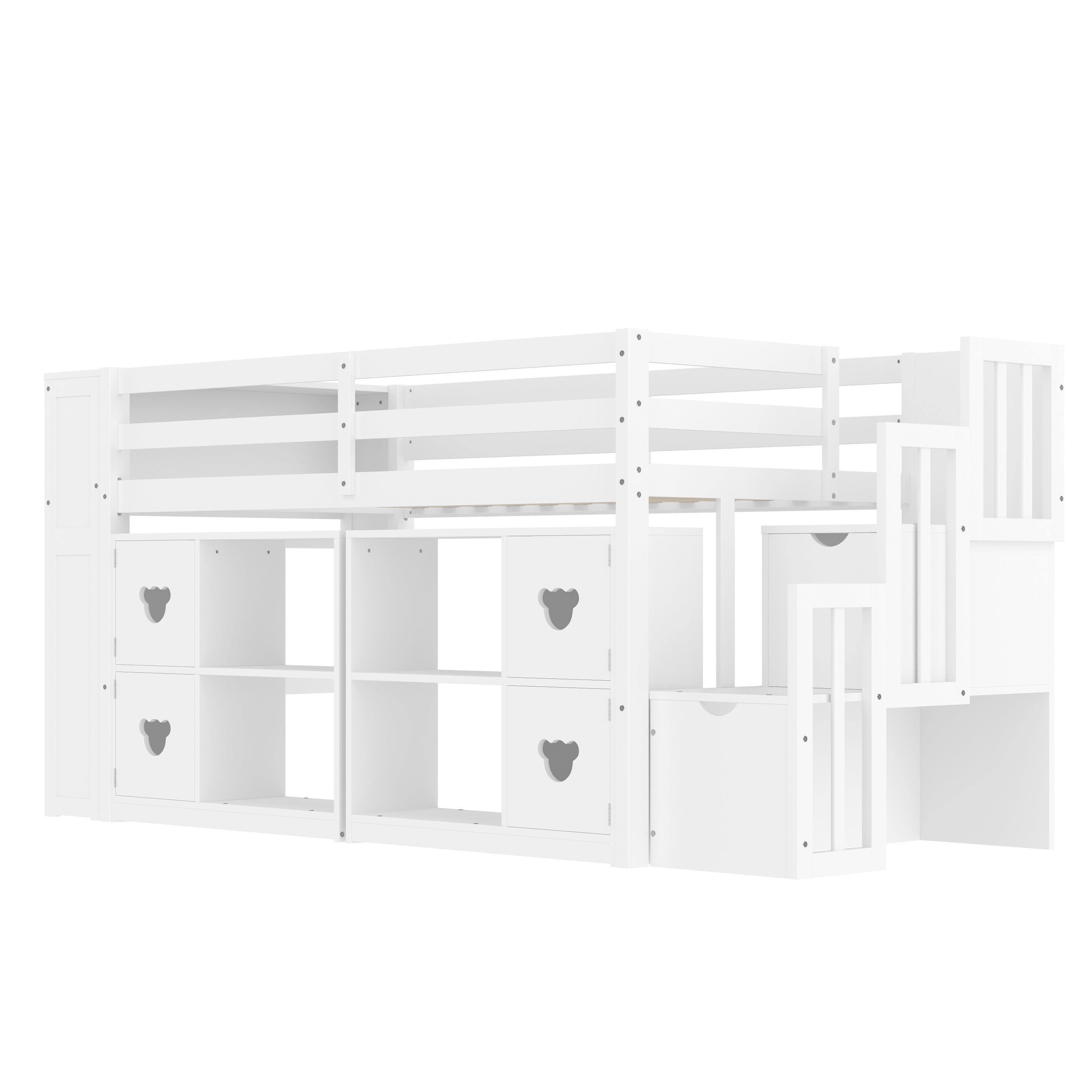 Kids Twin Loft Bed with Storage Cabinets, Staircase Drawers & LED Lights – Solid Wood Low Loft Bed with Shelves, Guardrails, and Fun Bear Handles – Space-Saving Design for Boys & Girls Bedroom (White)
