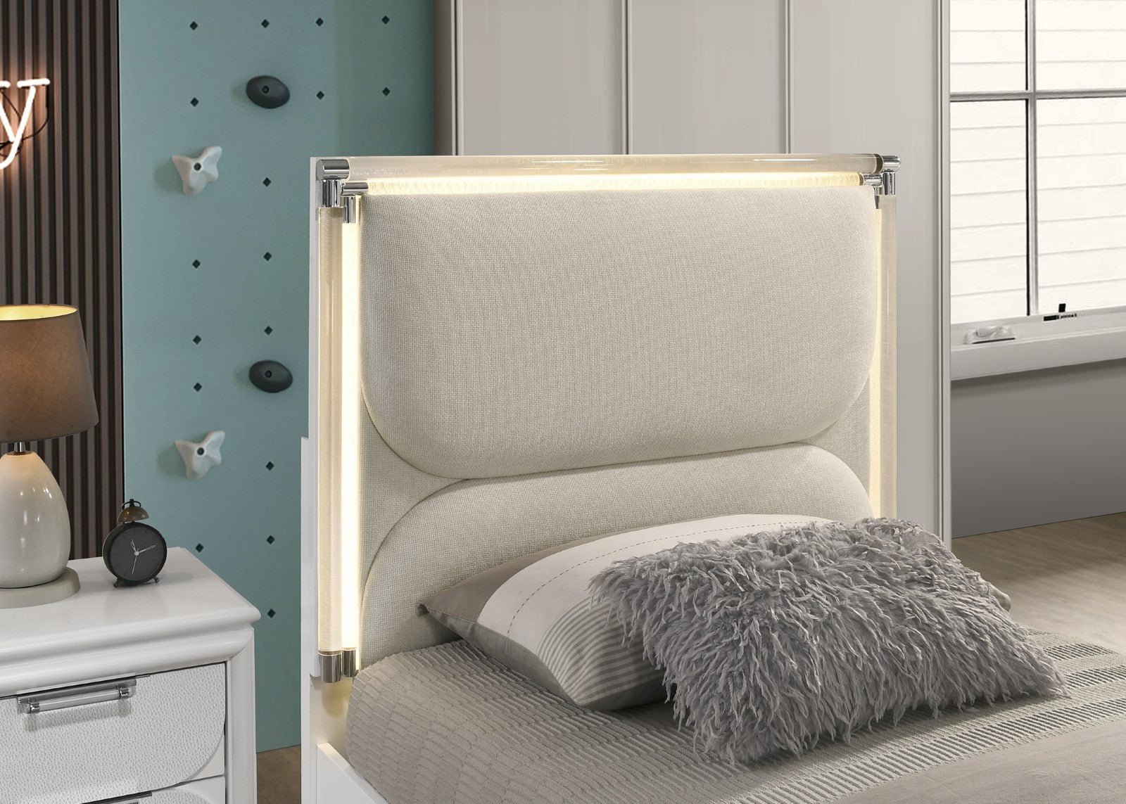 Contemporary Glam Pearl White Full Size Bed W Trundle 2x Nightstands Embossed Panel 3pc Bedframe Bedroom Furniture