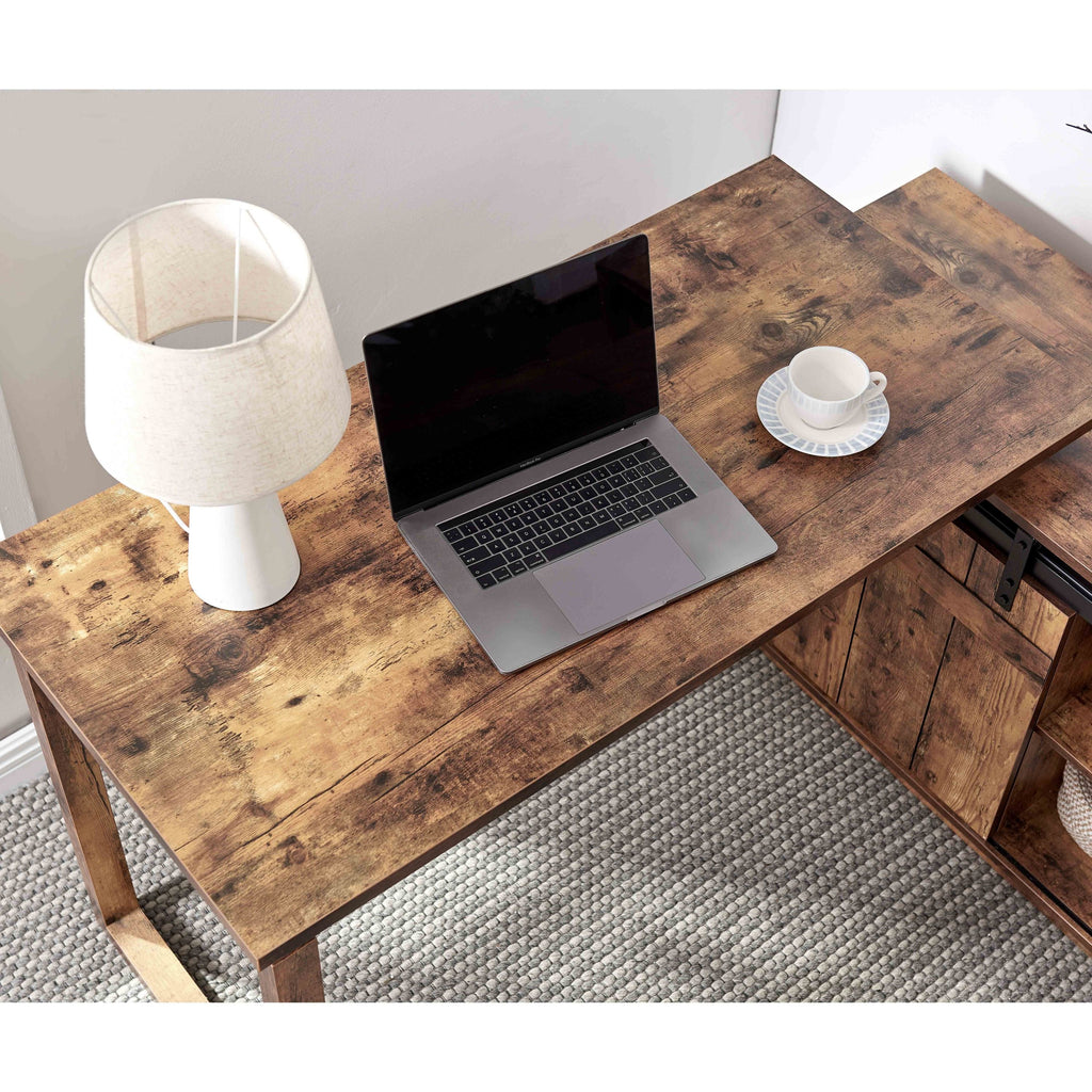 Desk L-shaped Workstation Home Office attached storage credenza sliding barn door finished on the back reversible Distressed Wood