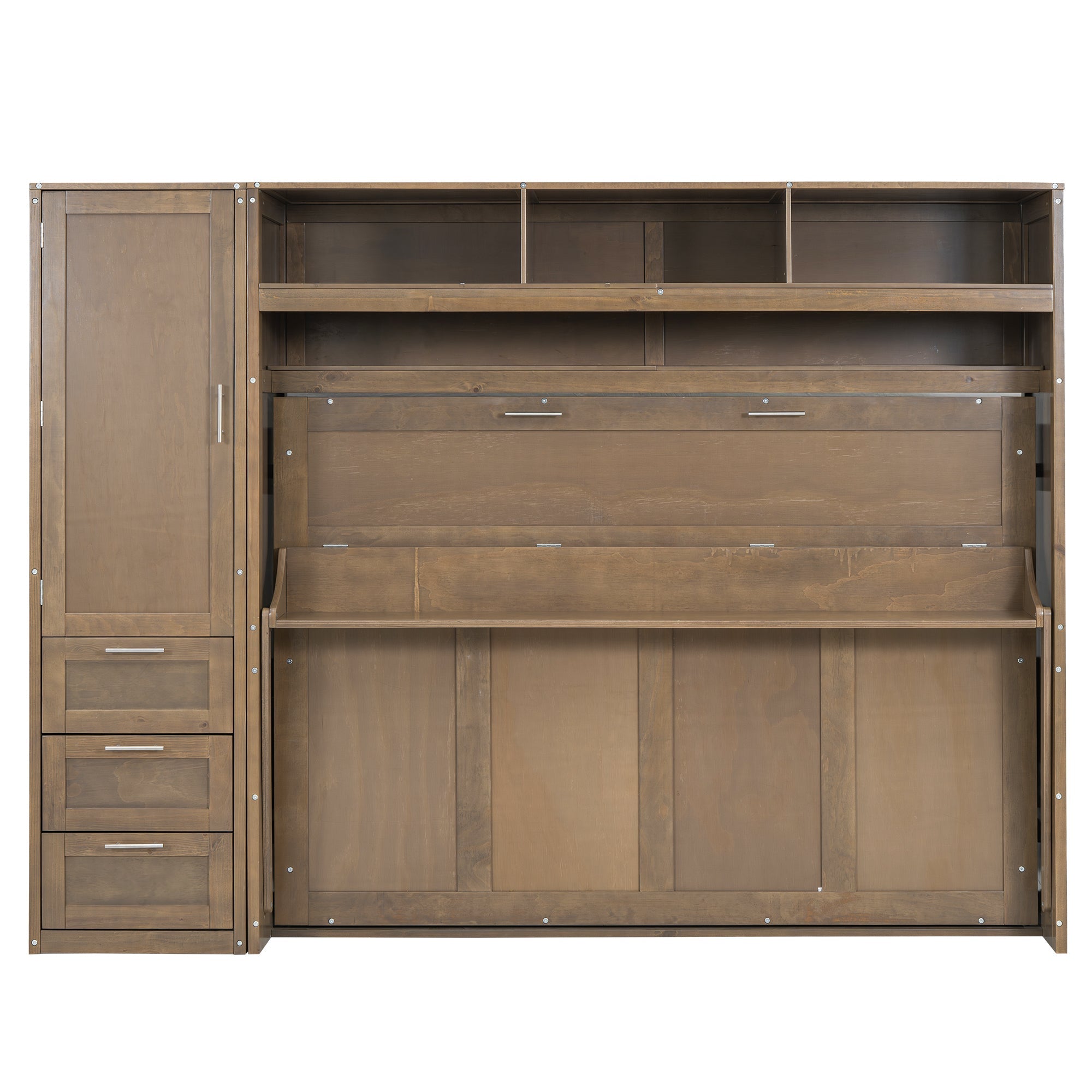 Full Size Murphy Bed with Wardrobe, Drawers and Open Shelves, Antique Wood