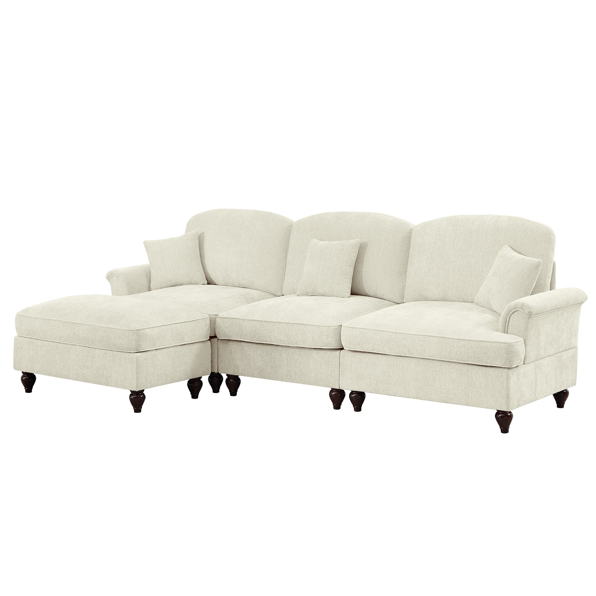 Mid Century Three Seater Modular L Shaped Sectional Couch with Flared Arms and Removable Ruffles Pleats Skirts and Spindle Legs, Comfy Chenille 3-Seat Deep Seat Sofa with Movable Ottoman, Beige White