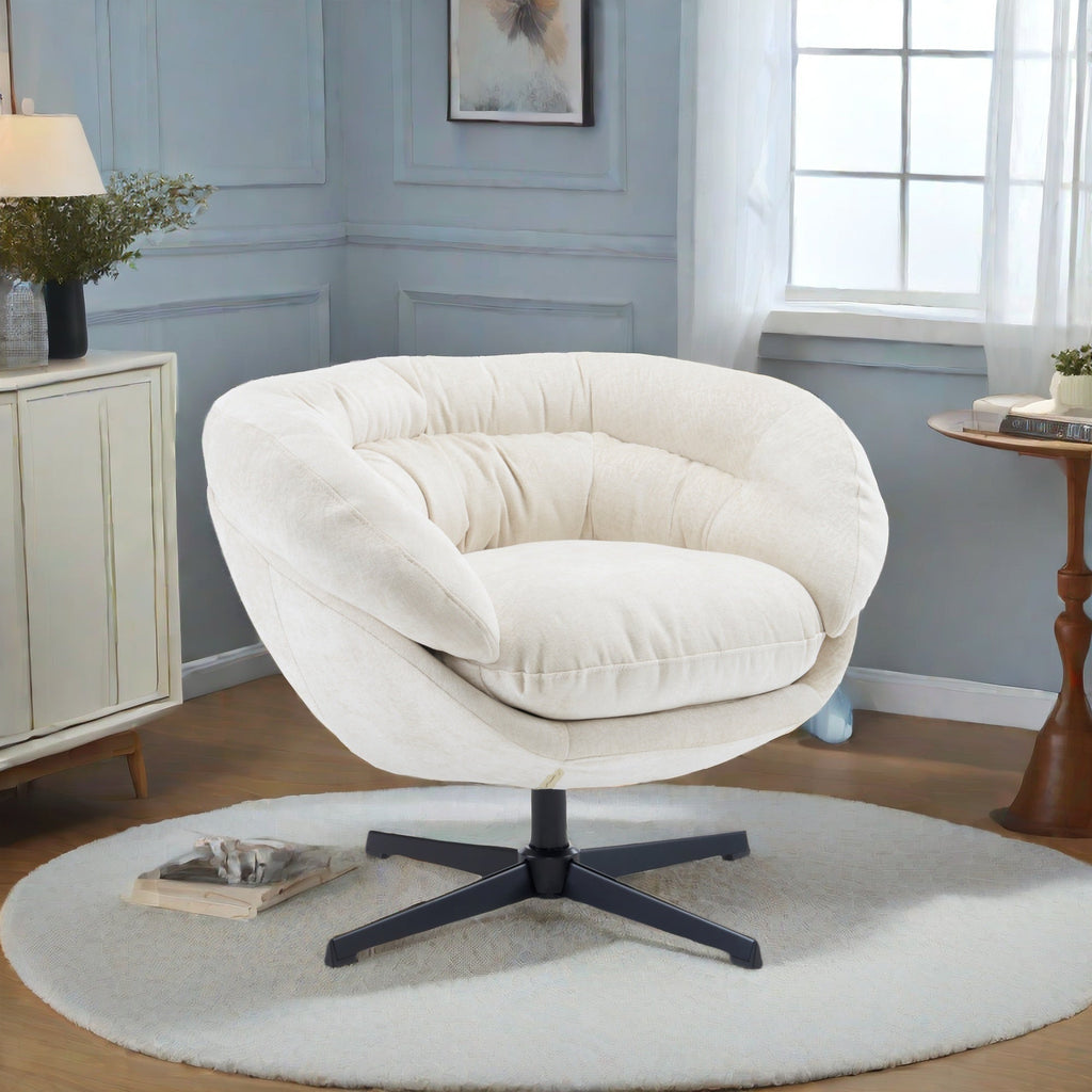 Modern Chenille Office Chair, 360° Swivel Club Chair/Accent Chair with Removable Cushion, Round Office Chair, Black Metal Base, Cotton Material, Living Room, Bedroom, Reading Corner, Office (Beige)