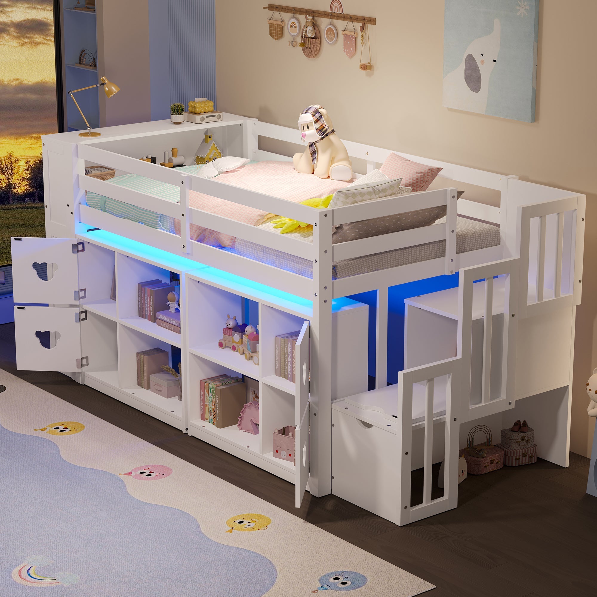 Kids Twin Loft Bed with Storage Cabinets, Staircase Drawers & LED Lights – Solid Wood Low Loft Bed with Shelves, Guardrails, and Fun Bear Handles – Space-Saving Design for Boys & Girls Bedroom (White)