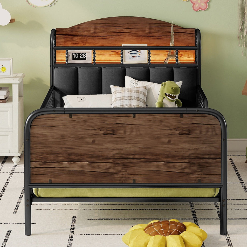 Twin Size Metal Platform Bed Frame with Light, Kids Twin Metal Bed with Upholstered and Storage Headboard, Black (Expect Arrival Date 2025/10/5)