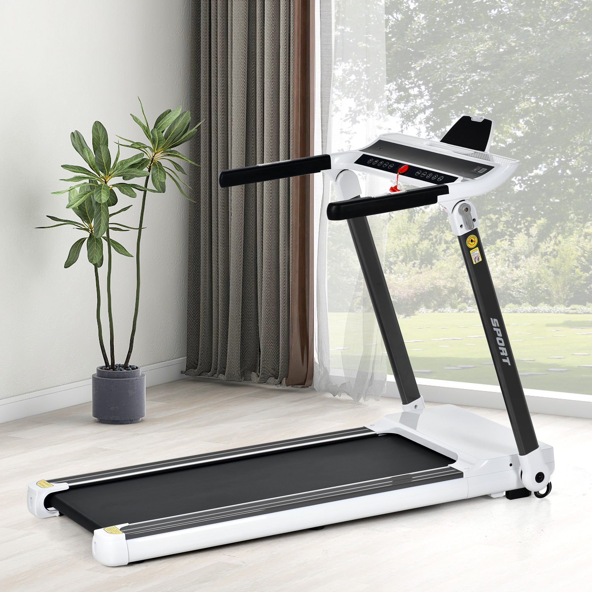 FITIME Portable Compact Treadmill with Electric Motorized 3.5HP, Bluetooth Speaker, White Metal, Medium Size