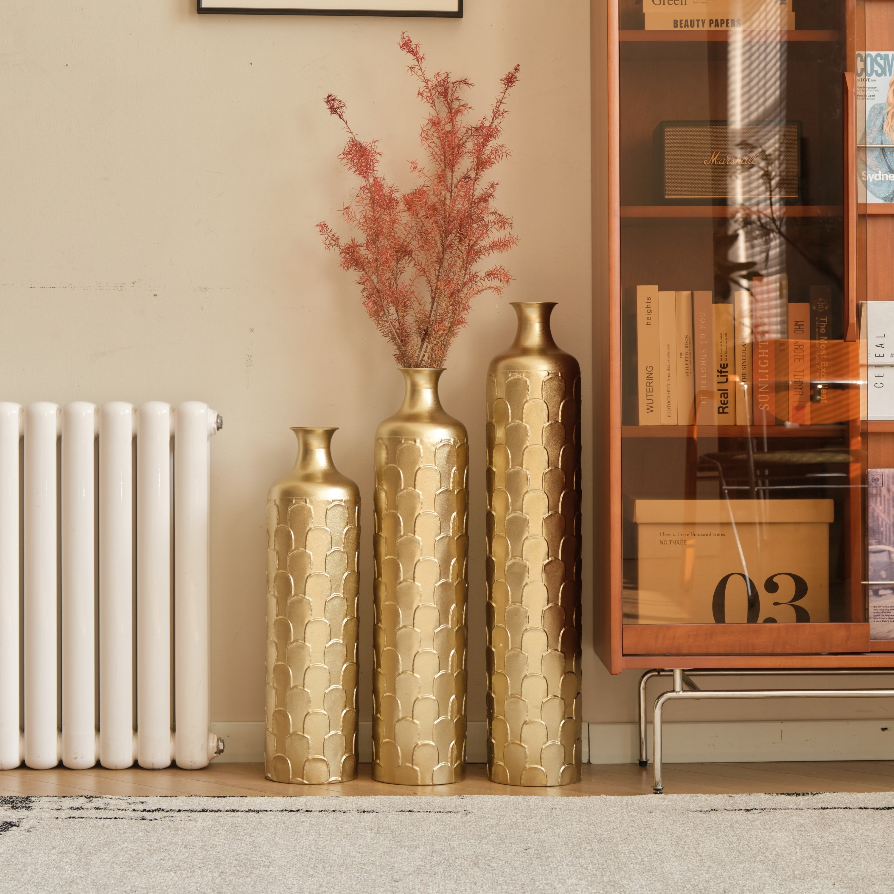 Floor Metal Vases Decorated White Metal Vases Set of 3 Gorgeous Home Decoration Large Glazed Metal Vases 25.2in/29.33in/34.25in Height