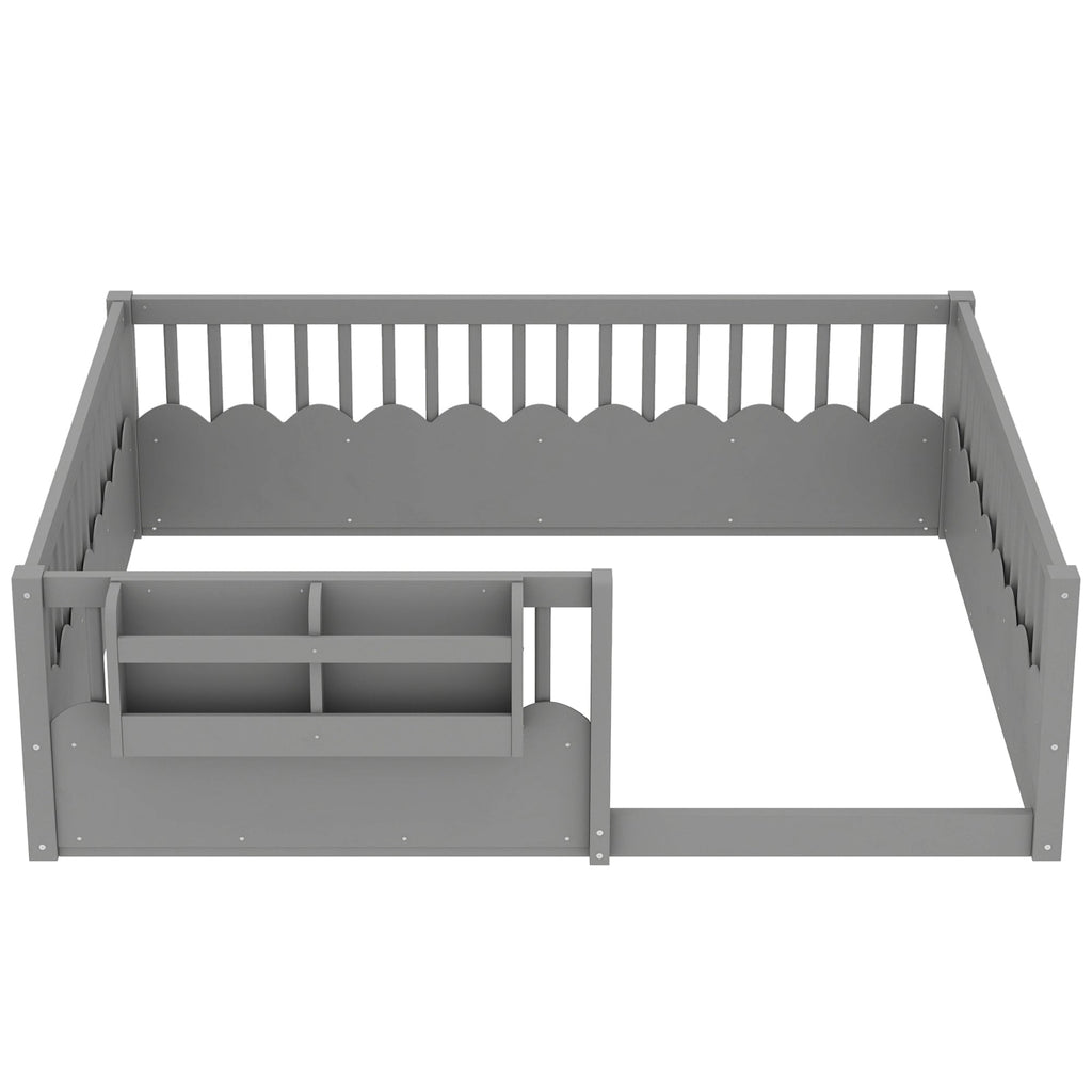 Full Floor bed with Heightened Fence and bookshelf ,Wood Floor Bed for Kids,Gray.
