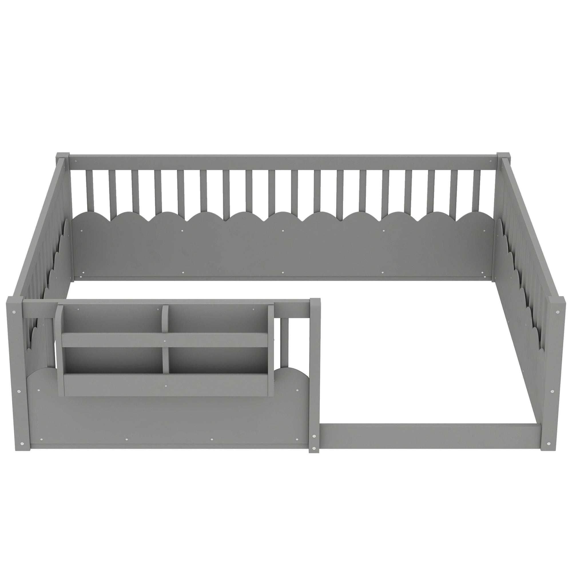 Full Floor bed with Heightened Fence and bookshelf ,Wood Floor Bed for Kids,Gray.
