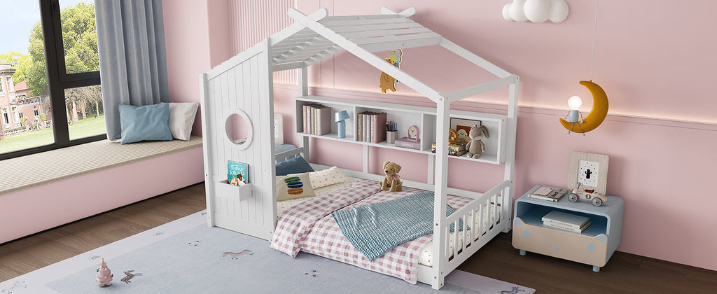 Twin Size Floor House Bed for Toddler, Kids Montessori Bed  with Storage Shelf, Playhouse Bed with Roof Design, White