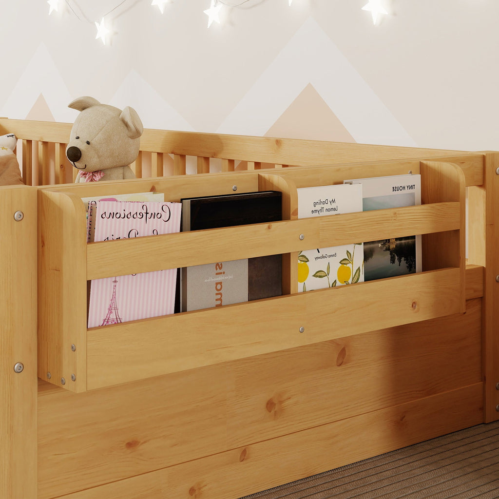 Twin Montessori Floor Bed Frame with High Rails, Wood Kids Floor Beds with Light and Storage Shelf, Natural (Expect Arrival Date 2025/8/15)