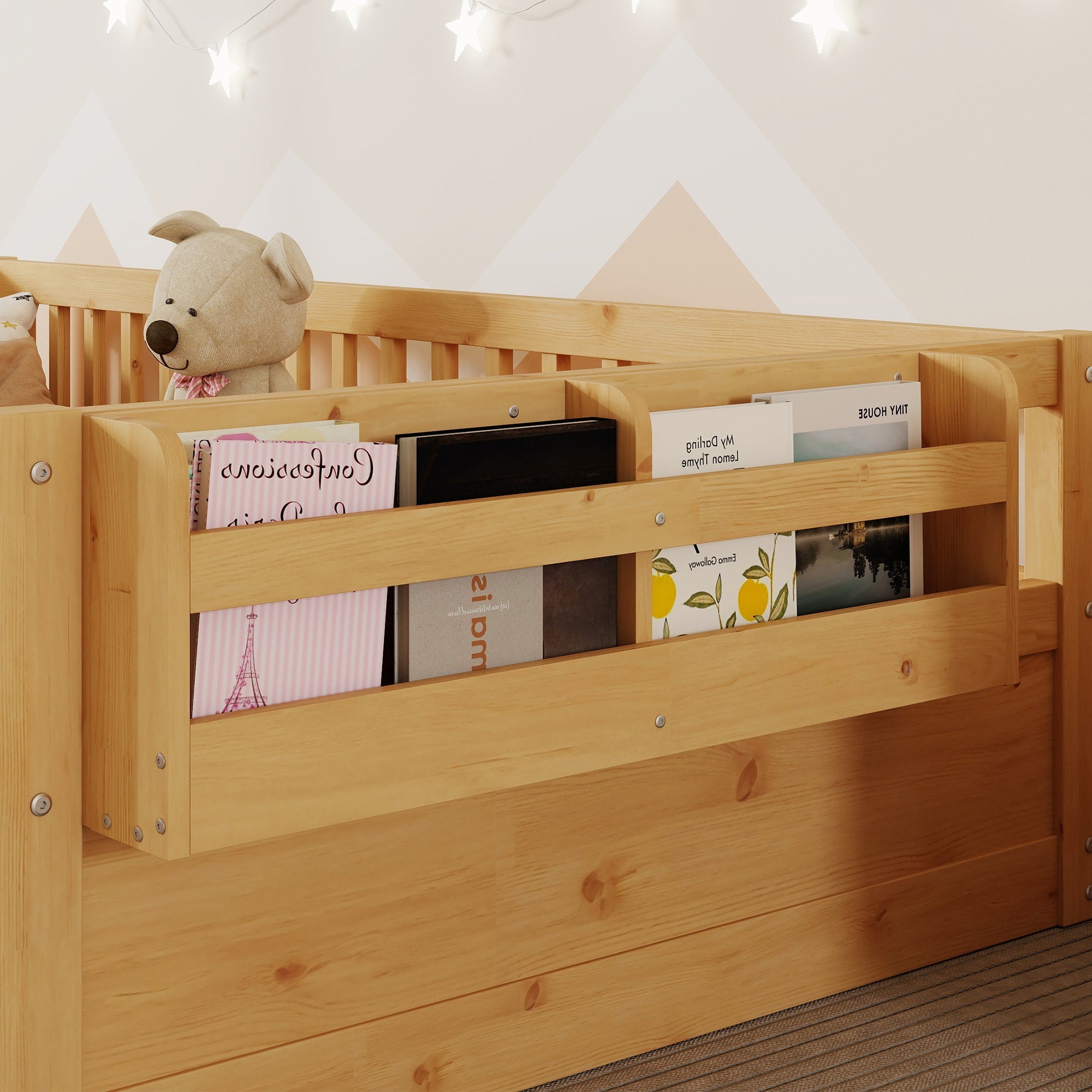 Twin Montessori Floor Bed Frame with High Rails, Wood Kids Floor Beds with Light and Storage Shelf, Natural (Expect Arrival Date 2025/8/15)