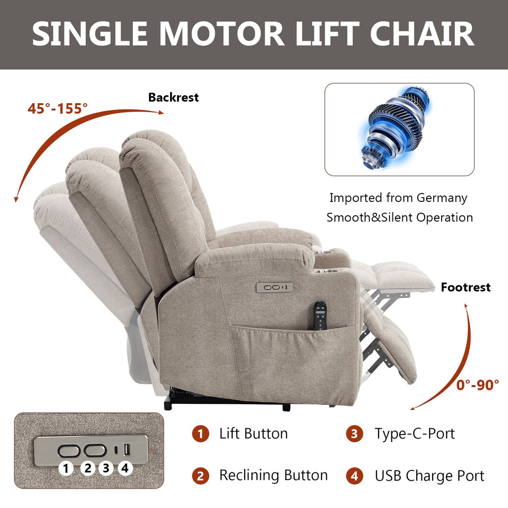 Power Lift Recliner Chair with Massage and Heat for Elderly, Overstuffed Wide Recliners, Heavy Duty Motion Mechanism with USB and Type C Ports, 2 Steel Cup Holders, Khaki