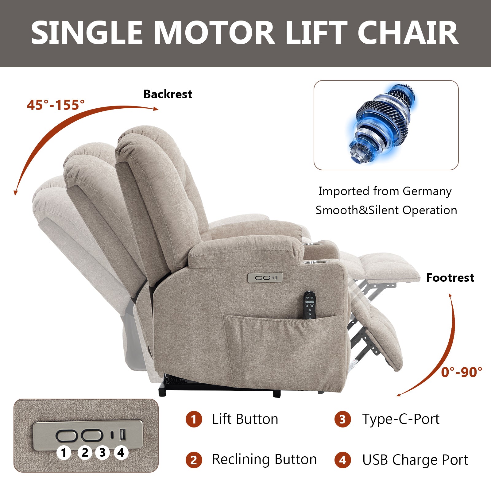 Power Lift Recliner Chair with Massage and Heat for Elderly, Overstuffed Wide Recliners, Heavy Duty Motion Mechanism with USB and Type C Ports, 2 Steel Cup Holders, Khaki