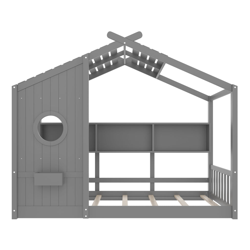 Twin Size Floor House Bed for Toddler, Kids Montessori Bed  with Storage Shelf, Playhouse Bed with Roof Design, Gray
