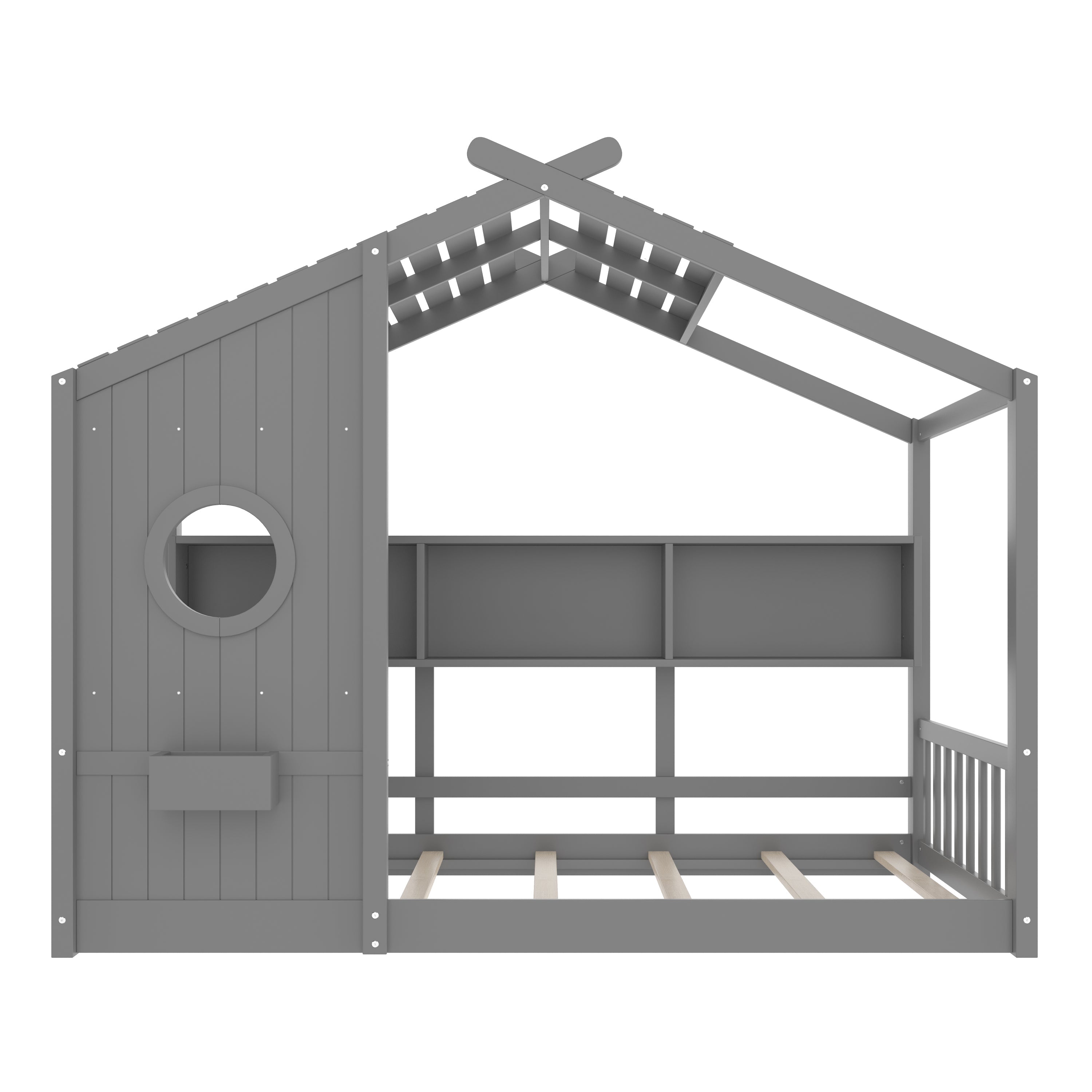 Twin Size Floor House Bed for Toddler, Kids Montessori Bed  with Storage Shelf, Playhouse Bed with Roof Design, Gray