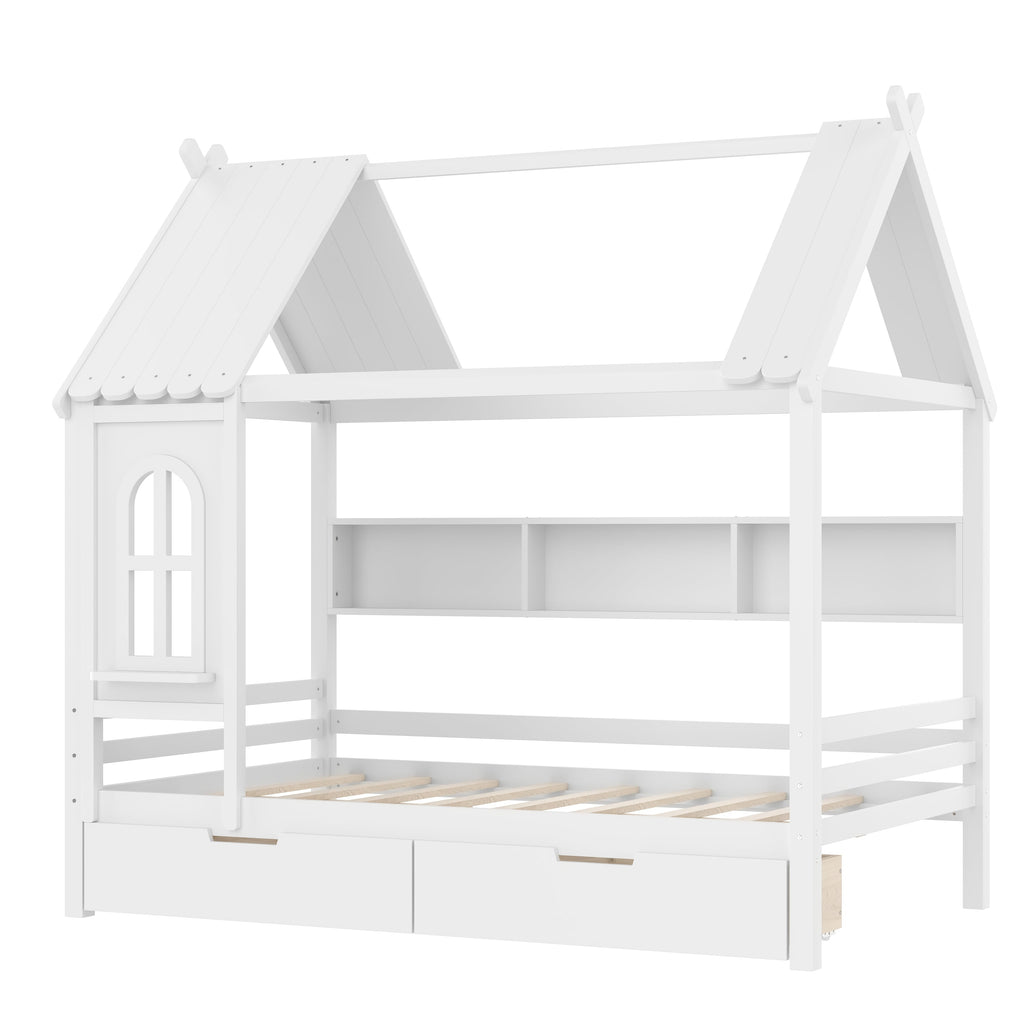 Full house Beds with Storage Drawers and Window, Solid Wood House Platform Bed Frame with shelves, for Kids, Girls, Boys, No Spring Box Needed and Childlike Design, White