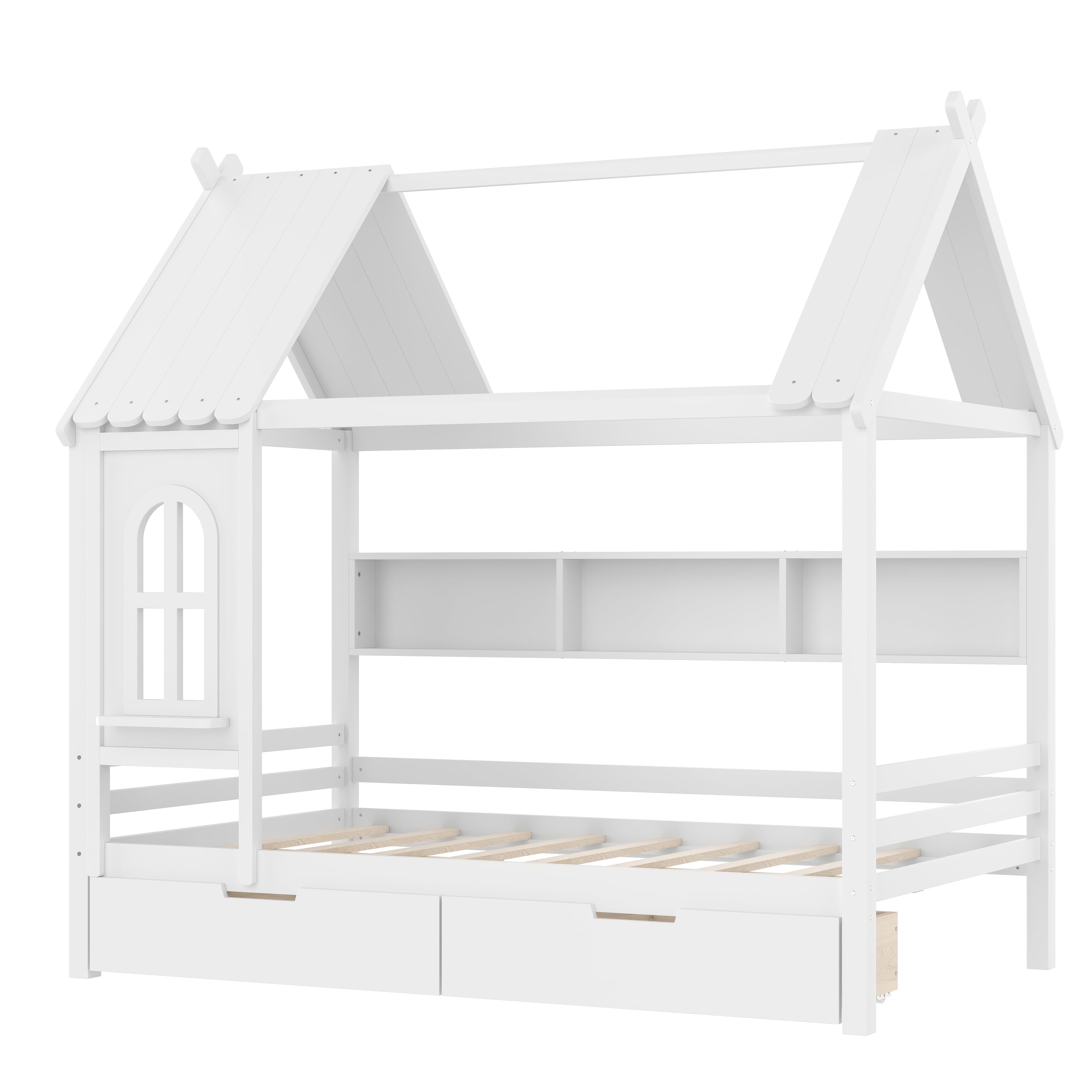 Full house Beds with Storage Drawers and Window, Solid Wood House Platform Bed Frame with shelves, for Kids, Girls, Boys, No Spring Box Needed and Childlike Design, White