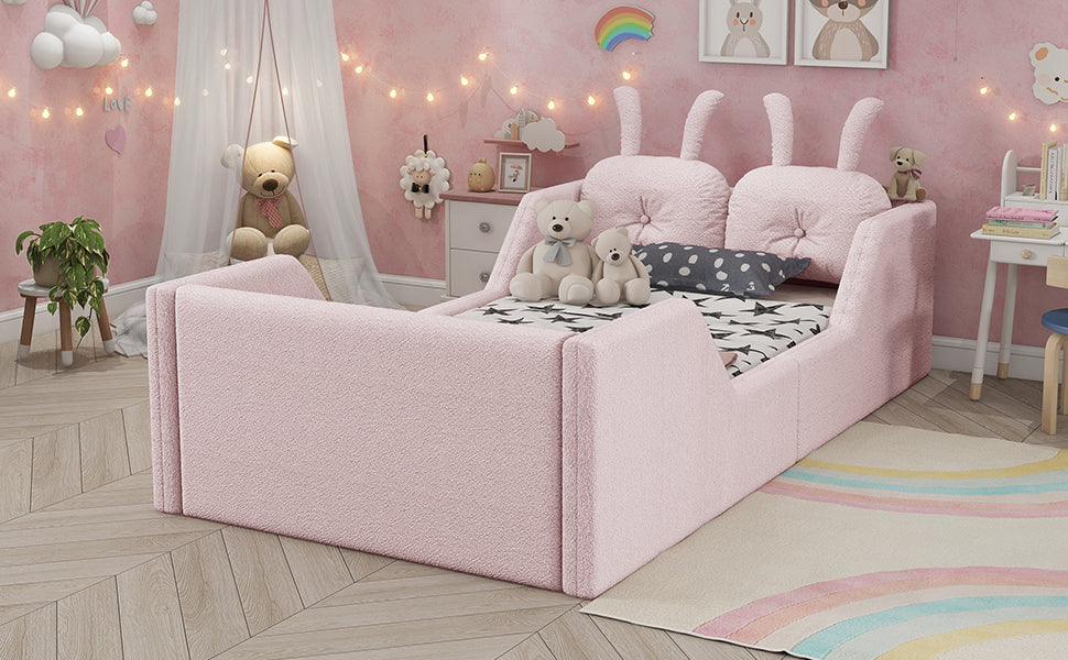 Twin Size Upholstered Platform Bed with Rabbit Cushion, Kids Floor Upholstered Bed with Removable Side Rails, Pink(Expect Arrival Date 2025/1/15)