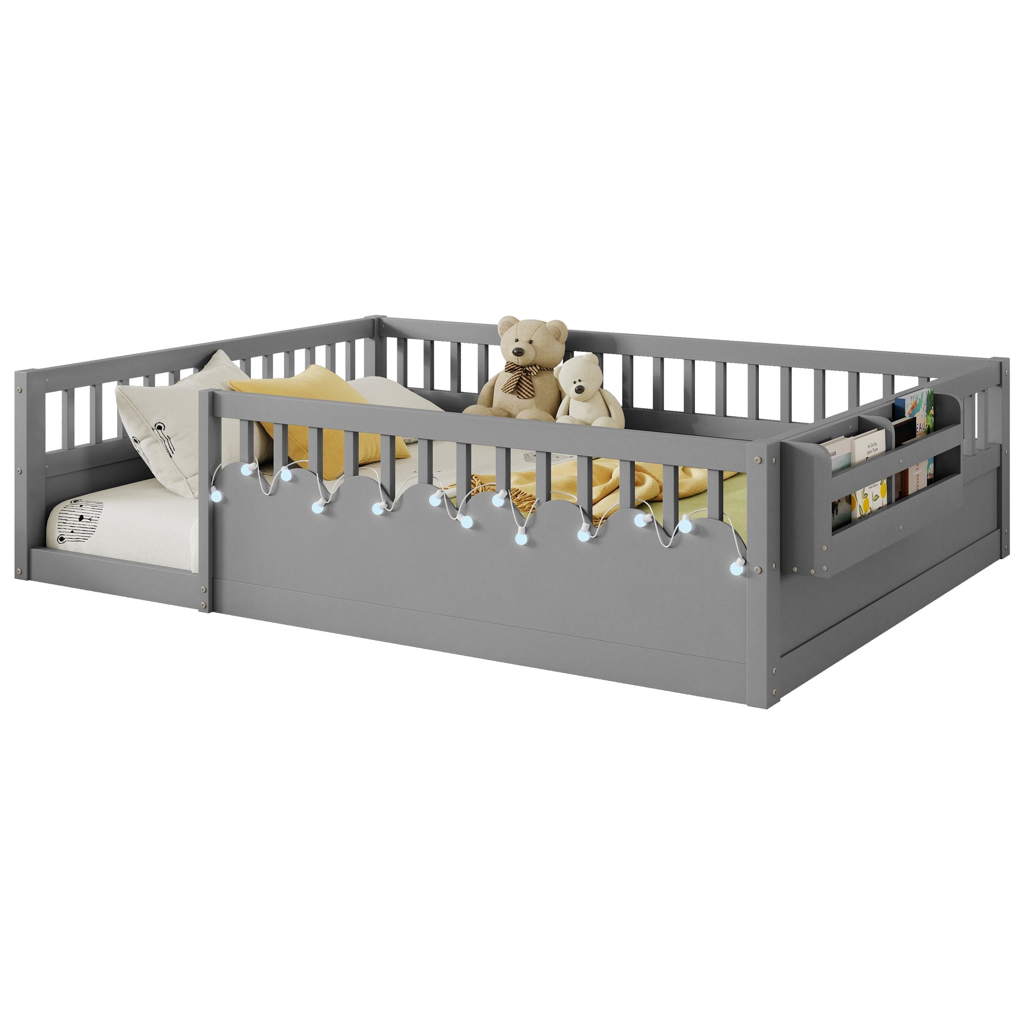 Full Montessori Floor Bed Frame with High Rails, Wood Kids Floor Beds with Light and Storage Shelf, Gray(Expect Arrival Date 2025/8/15)