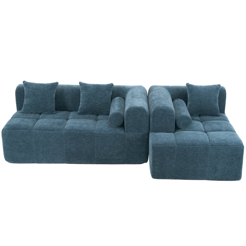 Modern Modular Sofa with Deep Seating, Two Side Pockets, and Plush Pillows in Blue Chenille Fabric, 101.2'