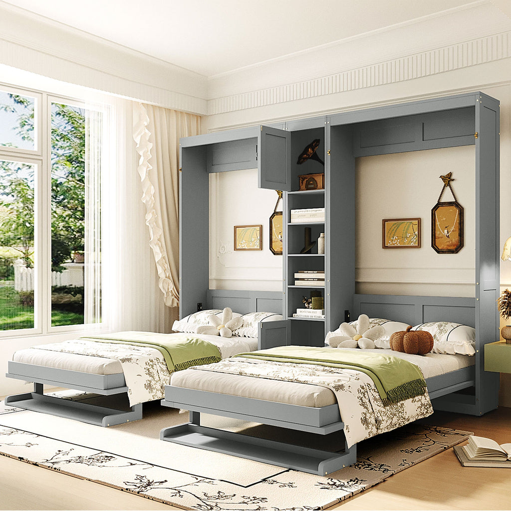Dual Twin size Wall Murphy Beds with Cabinets and Shelves, Gray
