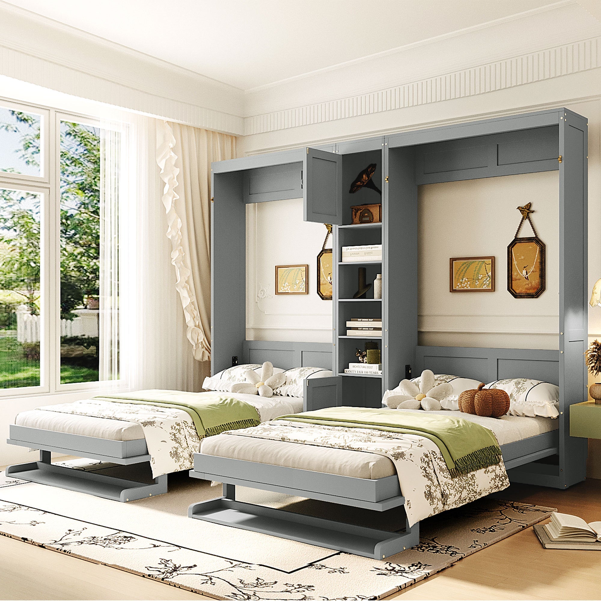 Dual Twin size Wall Murphy Beds with Cabinets and Shelves, Gray