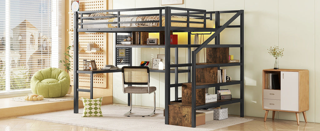 Full Size Loft Bed with LED Light & Charge Station, Metal Loft Bed with Desk and Staircase, Loft bed with Wardrobe for Kids, Black (Expect Arrival Date 2025/4/30)