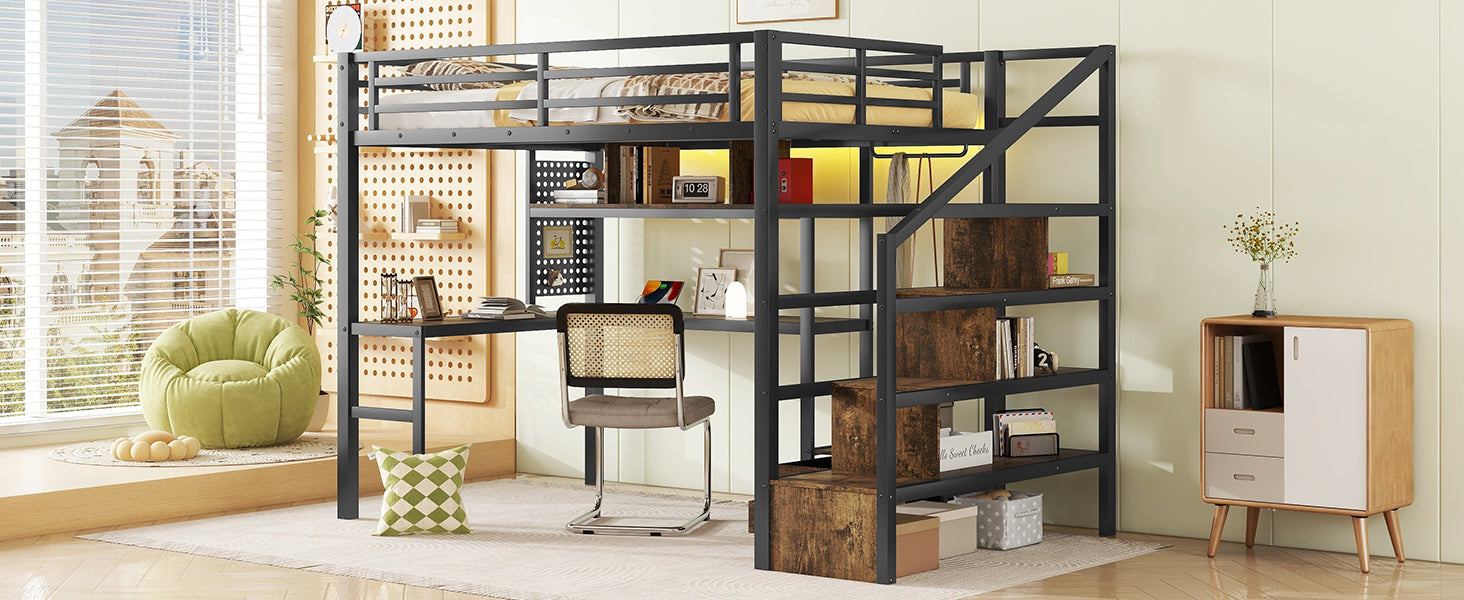 Full Size Loft Bed with LED Light & Charge Station, Metal Loft Bed with Desk and Staircase, Loft bed with Wardrobe for Kids, Black (Expect Arrival Date 2025/4/30)