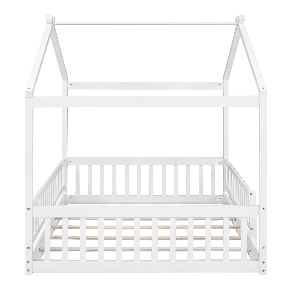 Full Size Wood Bed House Bed Frame with Fence, for Kids, Teens, Girls, Boys,White