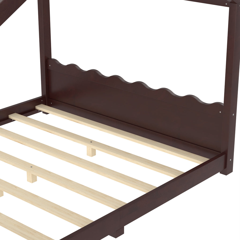 Queen House Floor Bed with Support Slats, Solid Wood House Bed Frame for Kids, No Box Spring Needed and Opening Constructure, Espresso