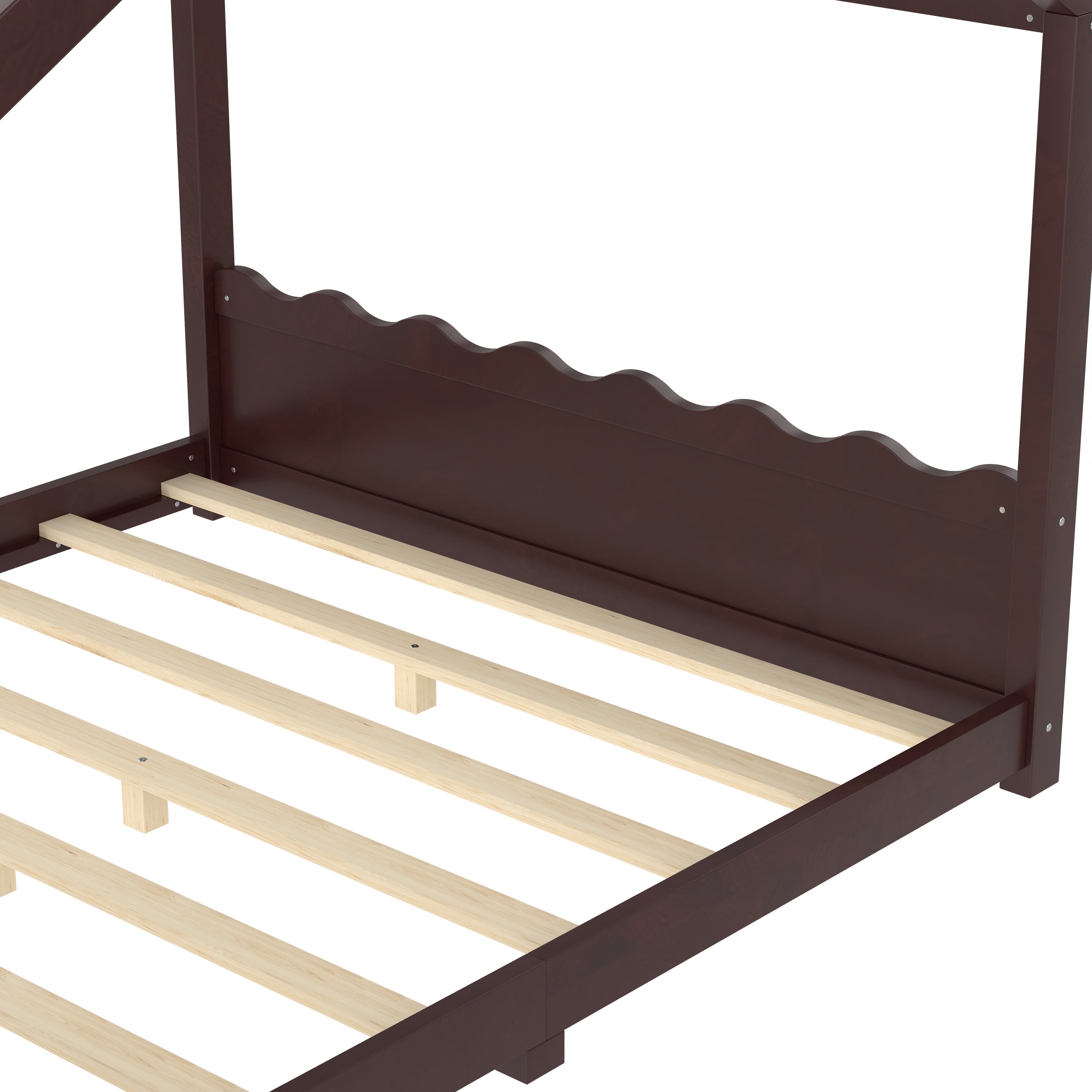 Queen House Floor Bed with Support Slats, Solid Wood House Bed Frame for Kids, No Box Spring Needed and Opening Constructure, Espresso