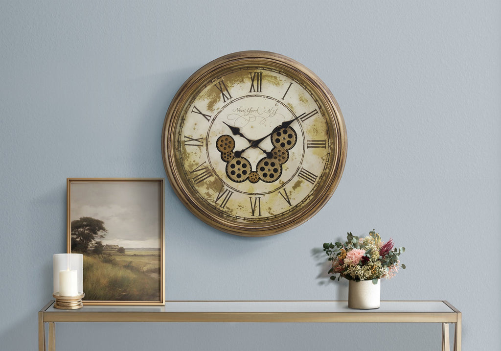 Clocks, 23' Round, Gear Mechanism, Wall Clock, Antique Brown, Transitional