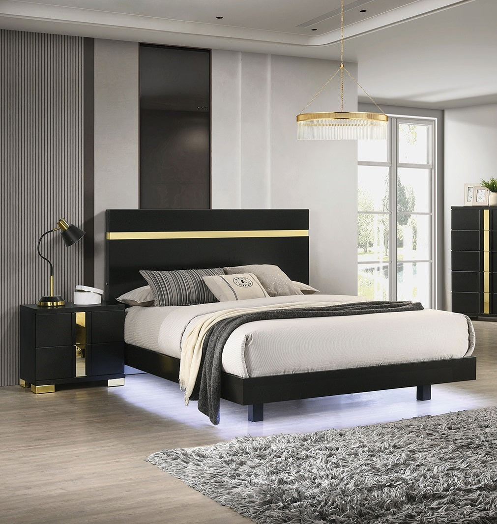 Modern Black 3pc Bedroom Set Queen Size Bed w LED 2x Nightstands Mattress Ready Furniture Acrylic Trim
