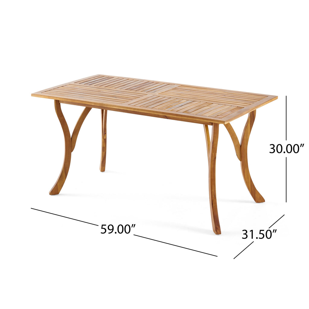 Outdoor Rectangular Table with Curved Legs and Perpendicular Wooden Slats Table Top, Teak