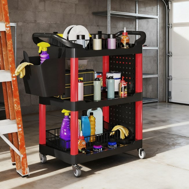 200 LBS Capacity Plastic Utility Cart with Side Shelf and Storage Bucket,Rolling Tool Cart