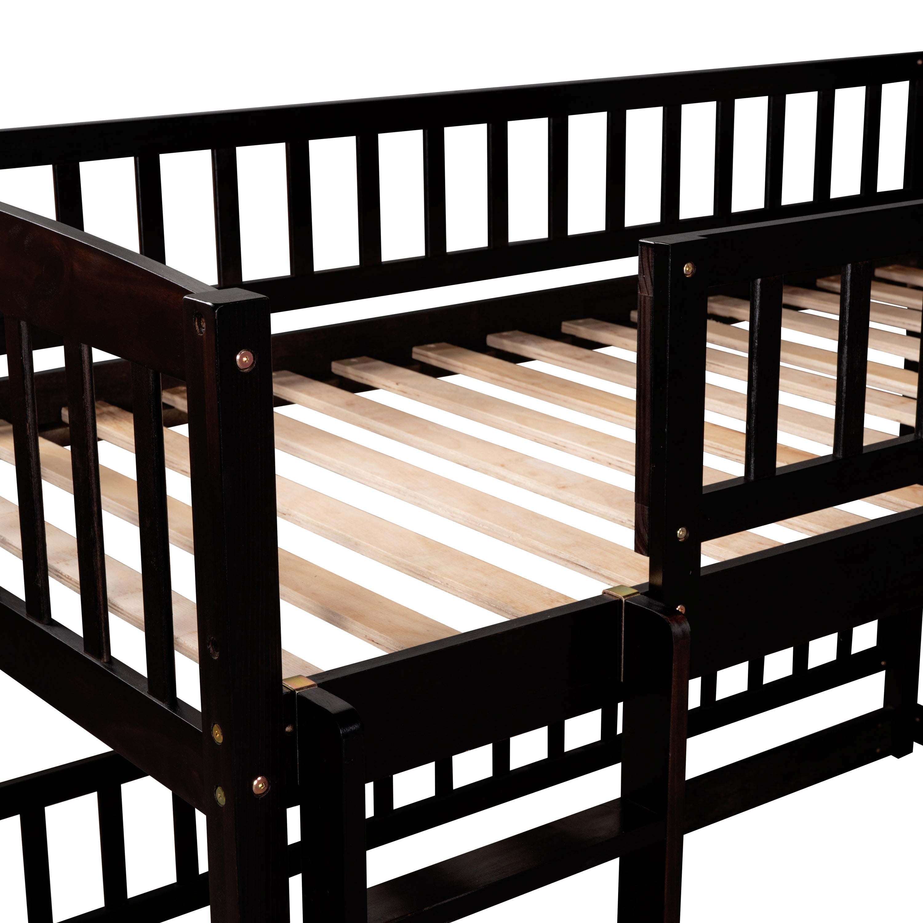 Bunk Bed with Slide,Twin Over Twin Low Bunk Bed with Fence and Ladder for Kids Teens Espresso