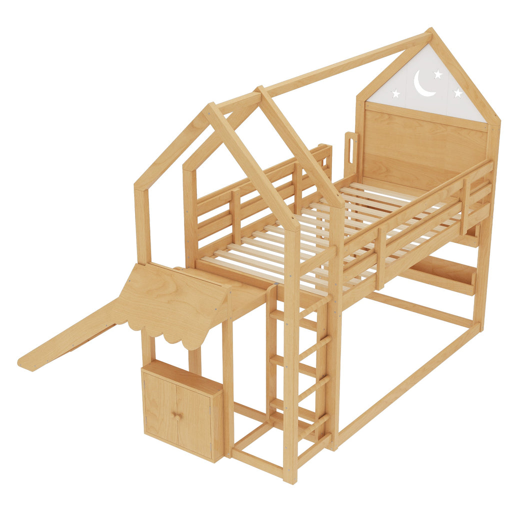 Twin Size Loft Bed with Bookshelf Playful Design for Kids House-Shaped Structure with Slide High-Quality Safety Rails,Natural