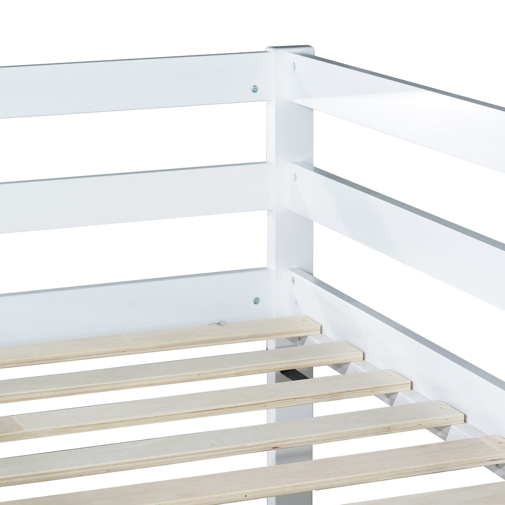 Solid Wooden, Solid Rubber Wooden Twin over Twin Floor Bunk Bed with Ladder, with Bed Platform of Strengthened Slats,White