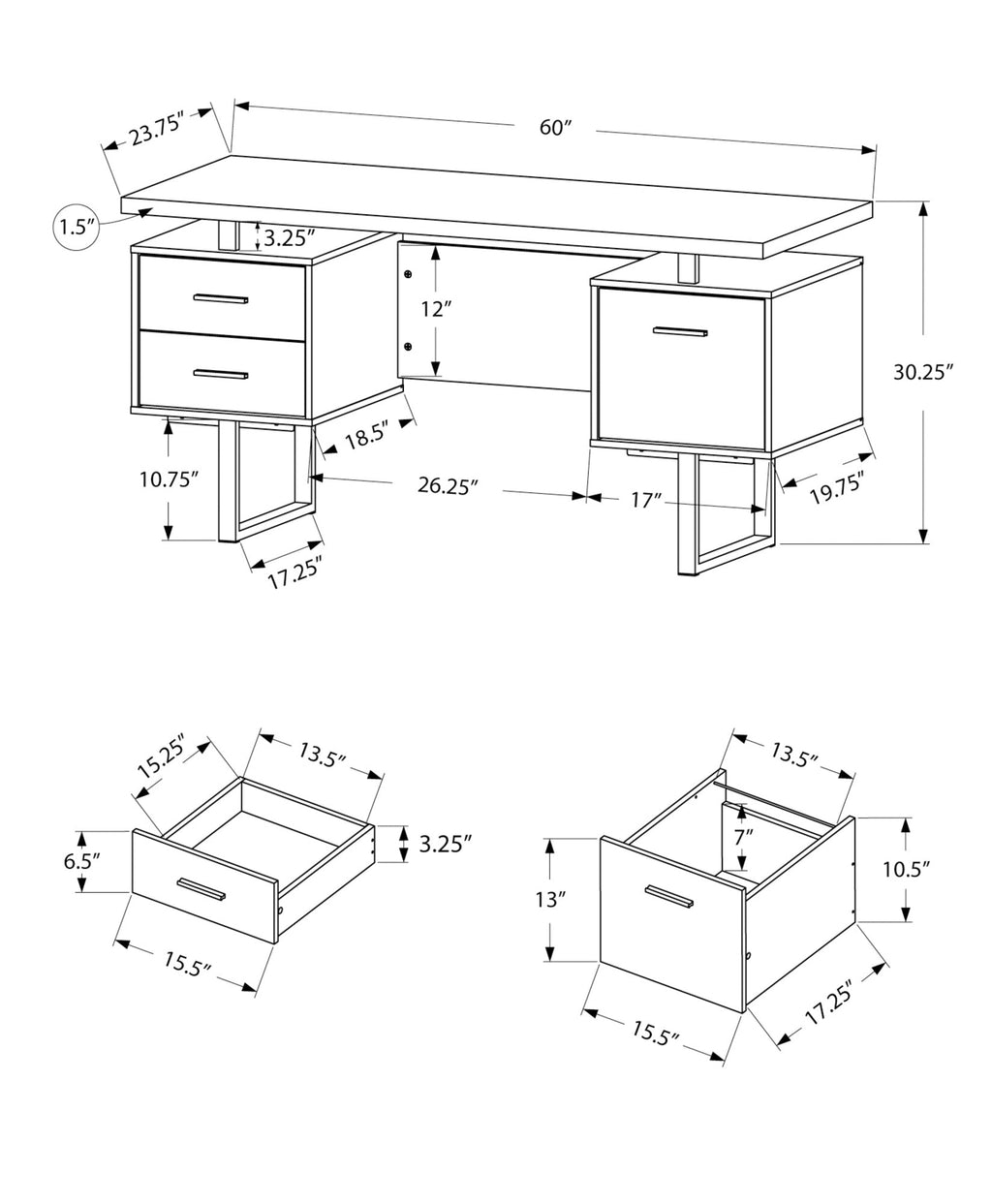 Computer Desk, Home Office, Laptop, Left, Right Set-up, Storage Drawers, 60'l, Work, Walnut Laminate, Black Metal, Contemporary, Modern